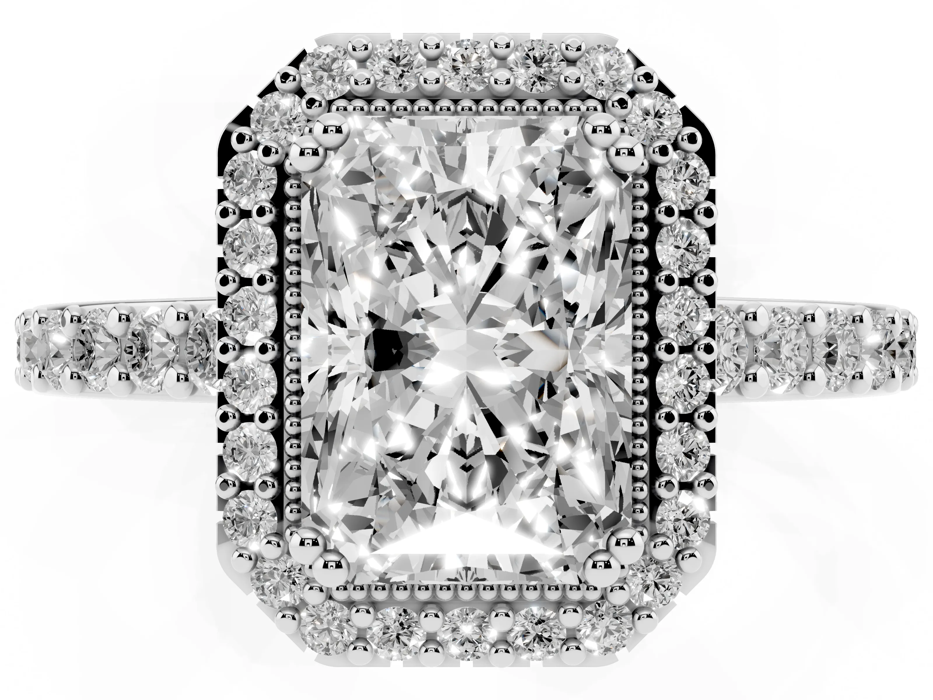Radiant Cut Diamond Halo Engagement Ring Set in Platinum with Milgrain Detail and Pavé Band