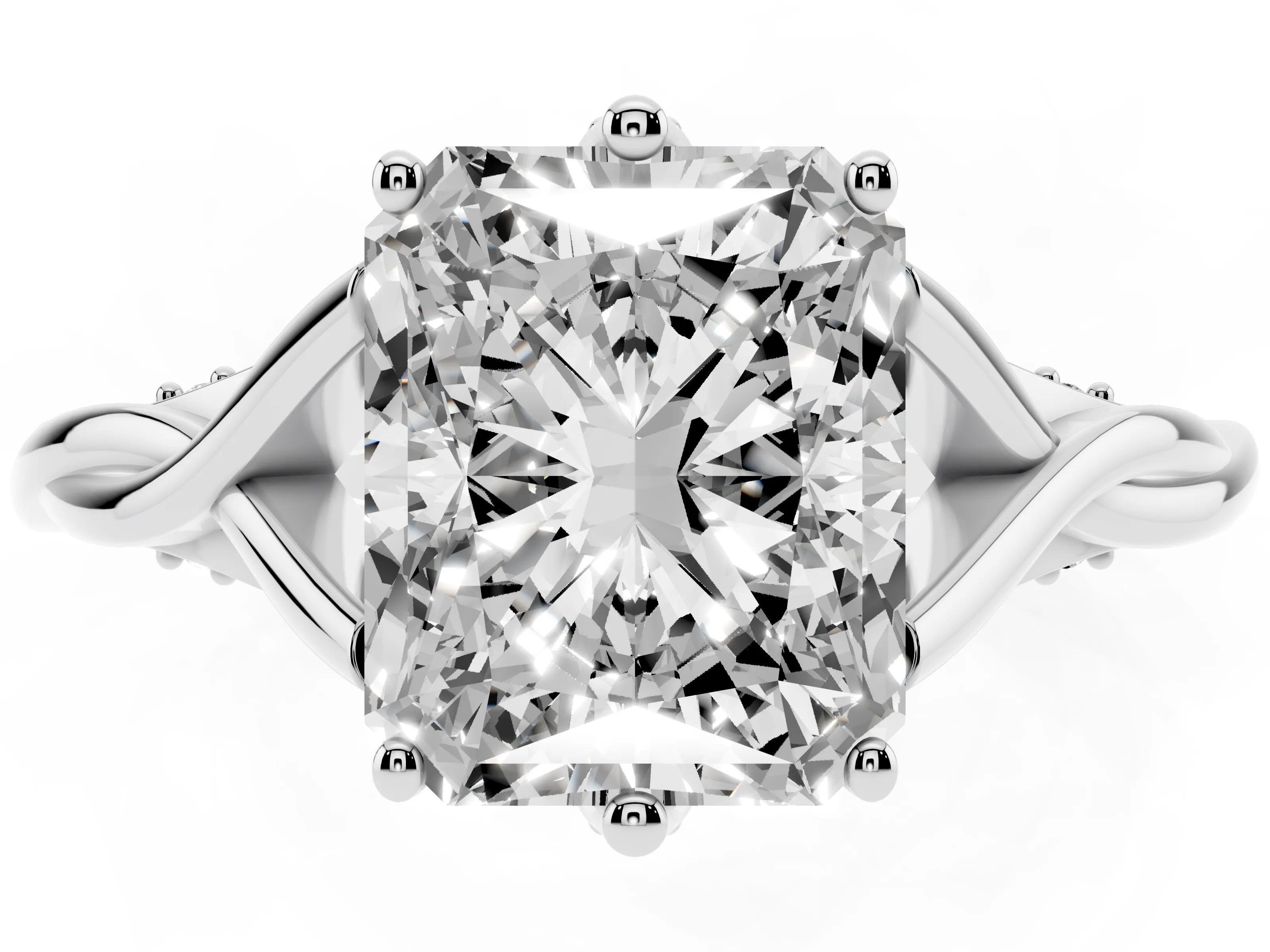 Radiant Cut Diamond Intertwined Twist Band Solitaire Ring Set in White gold with Prong Setting