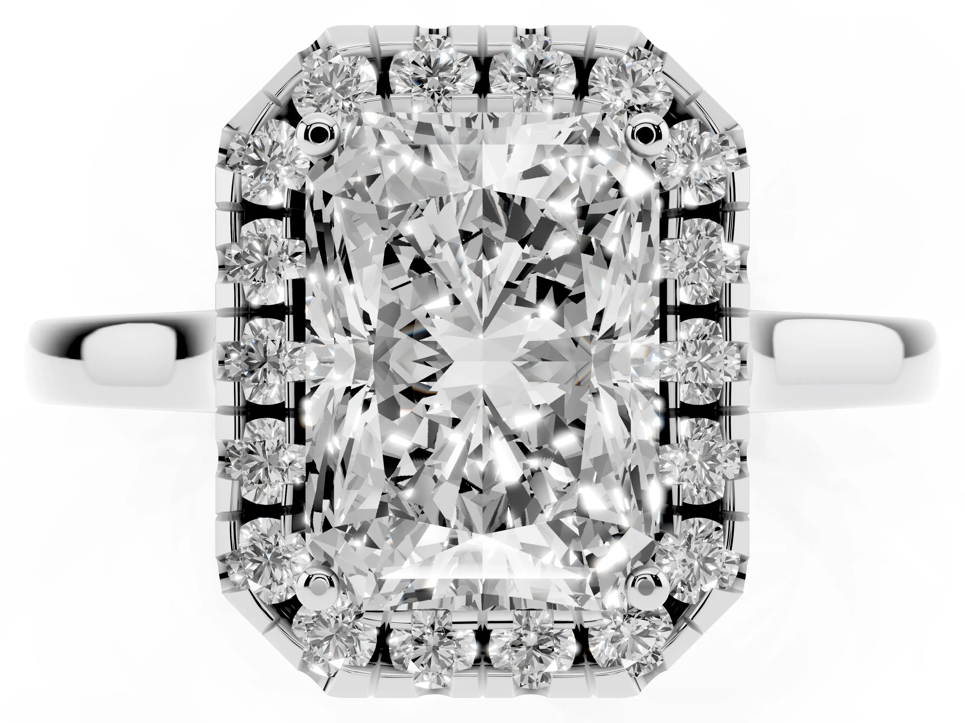 Radiant Cut Halo Round Diamond Solitaire Ring Set in Platinum with Pavé Band and Prong Setting