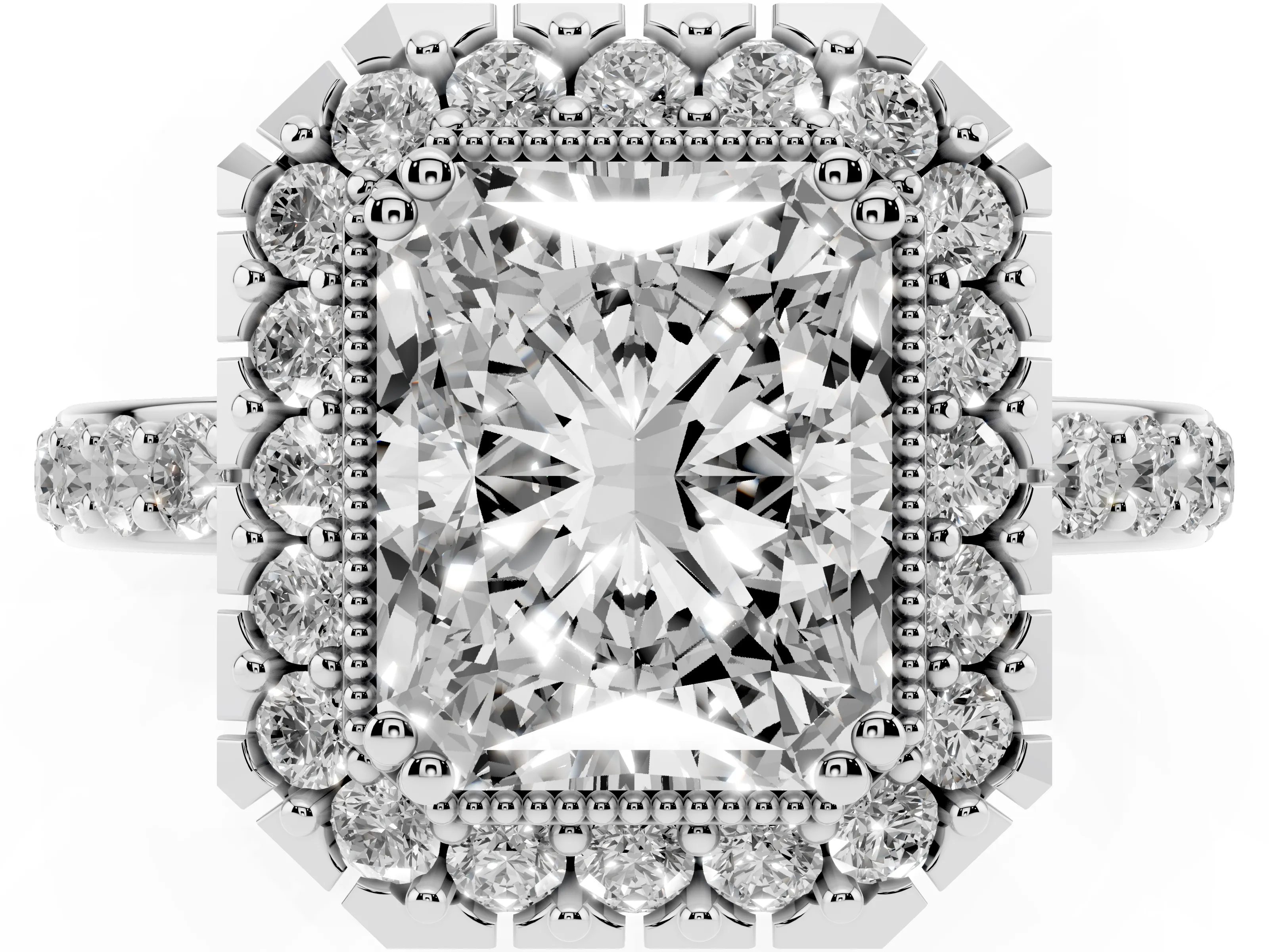 Radiant Cut Diamond Halo Ring Set in White gold with Pavé Shank and Prong Setting