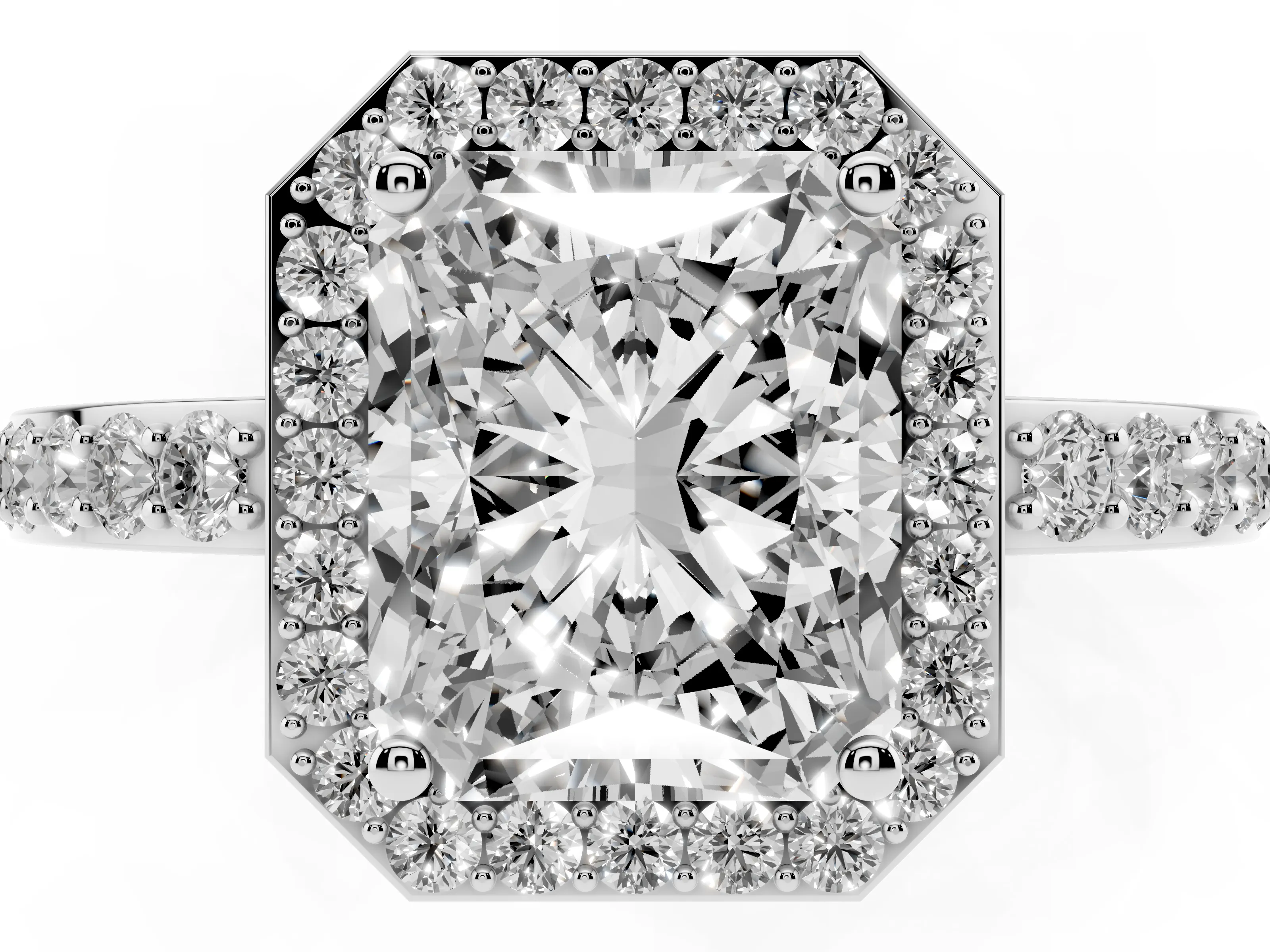 Radiant Cut Diamond Halo Ring Set in White gold with Pavé-Setting Band and Open Prong Center