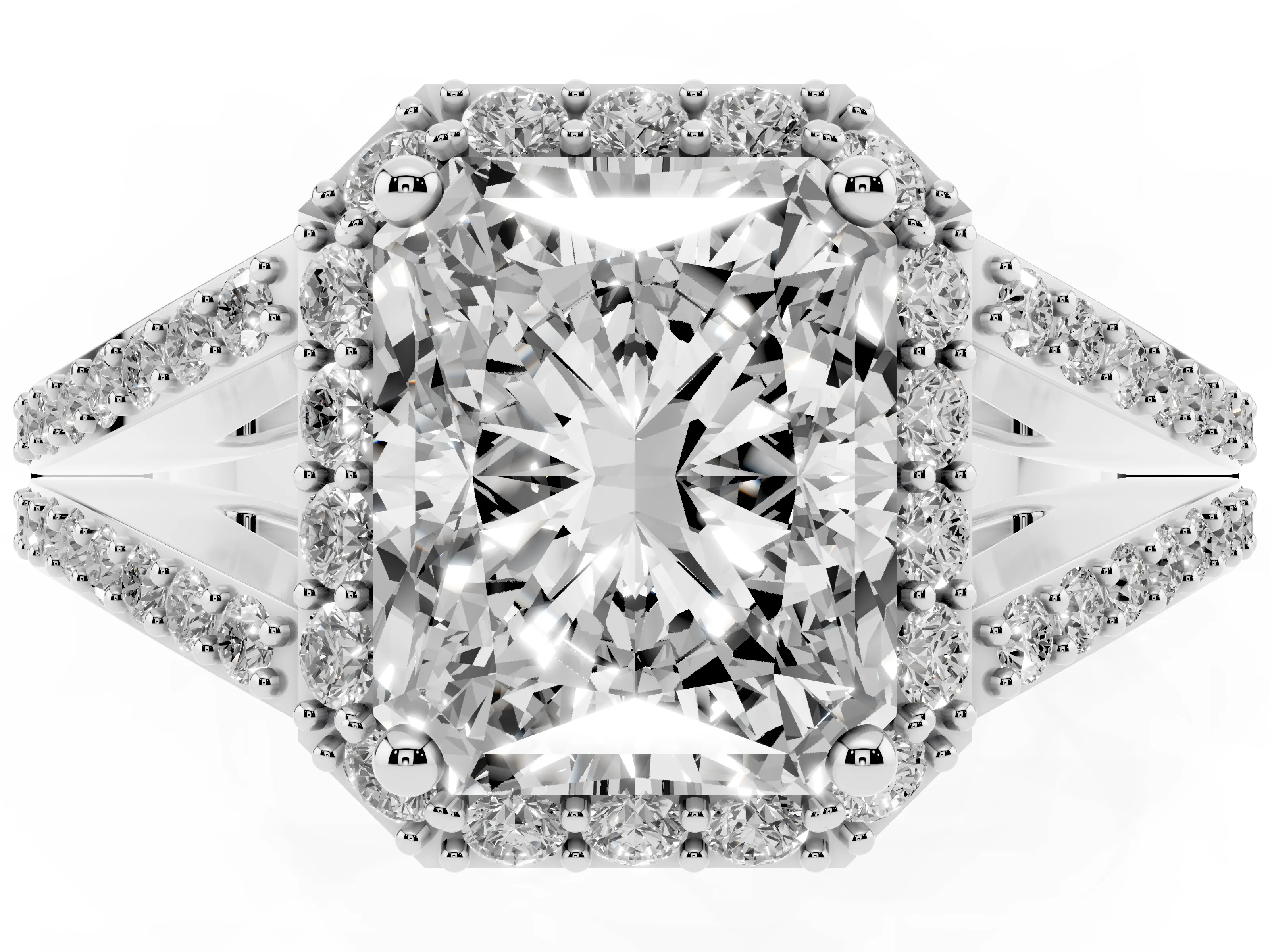 Radiant Cut Diamond Halo Split Shank Pavé Ring Set in Silver with Prong Setting