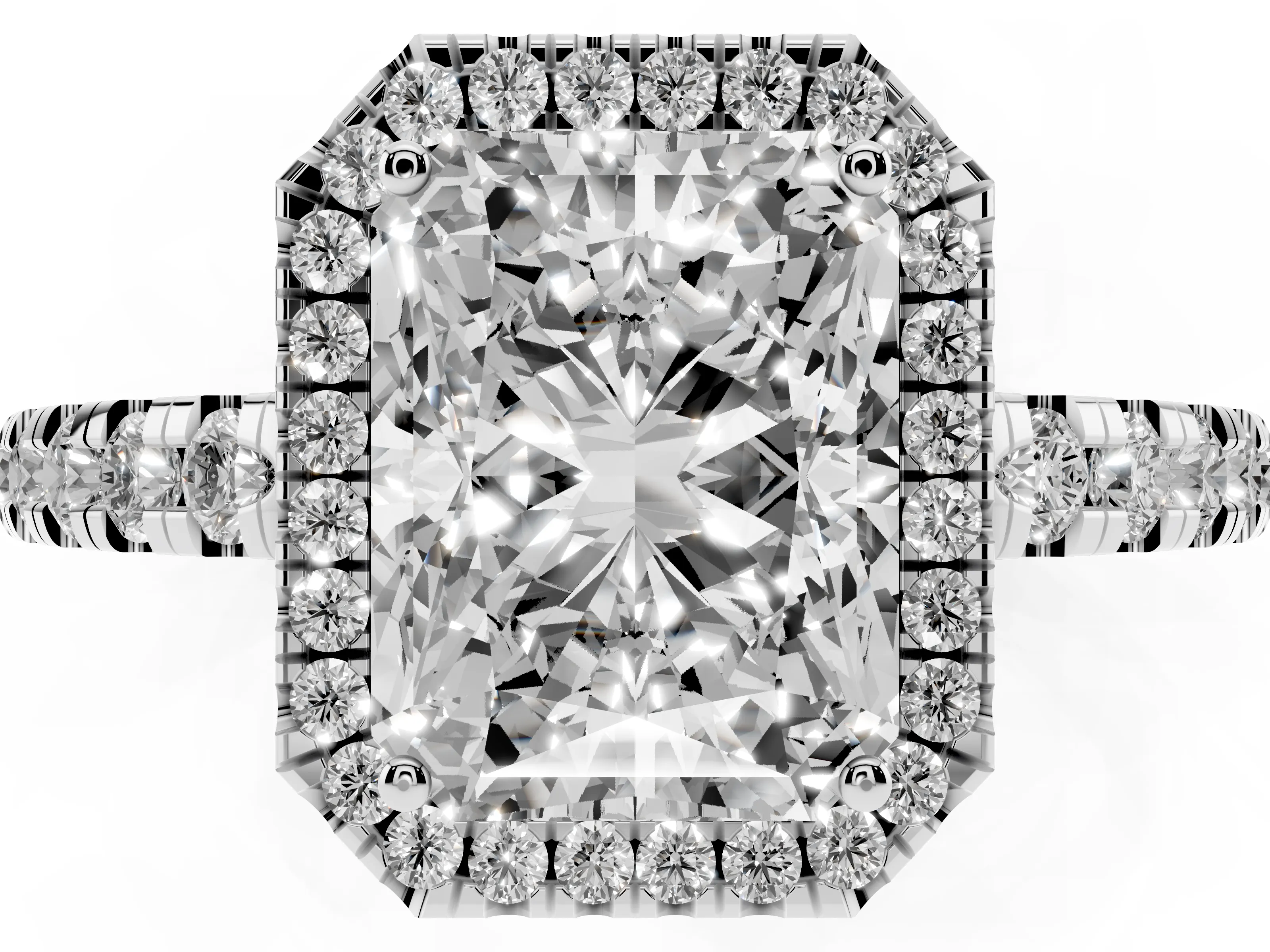 Radiant Cut Diamond Halo Ring Set in Silver with Delicate Pavé Band and Prong Setting