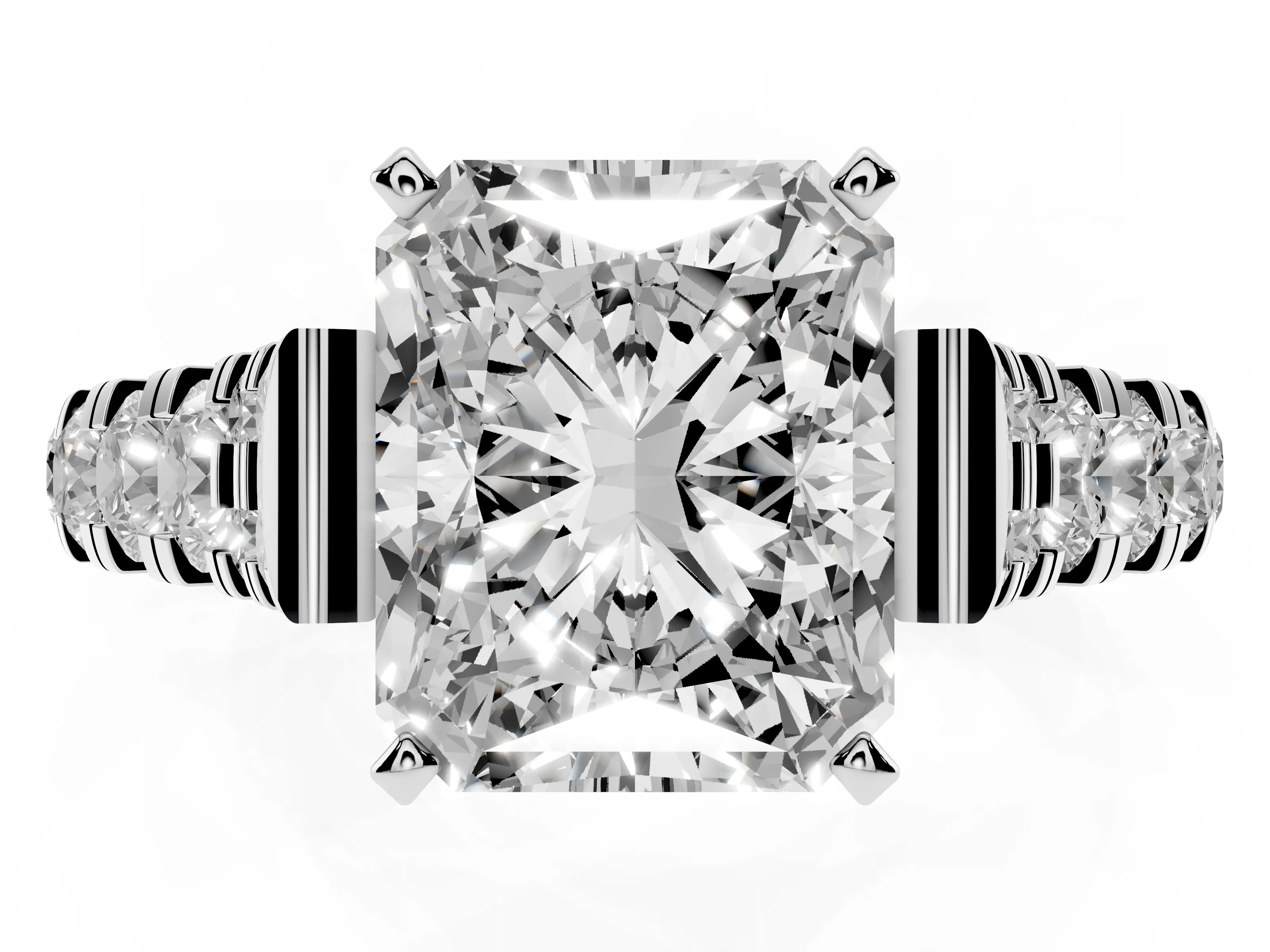 Radiant Cut Diamond Classic Solitaire Ring Set in Platinum with Pavé Band and Prong Setting