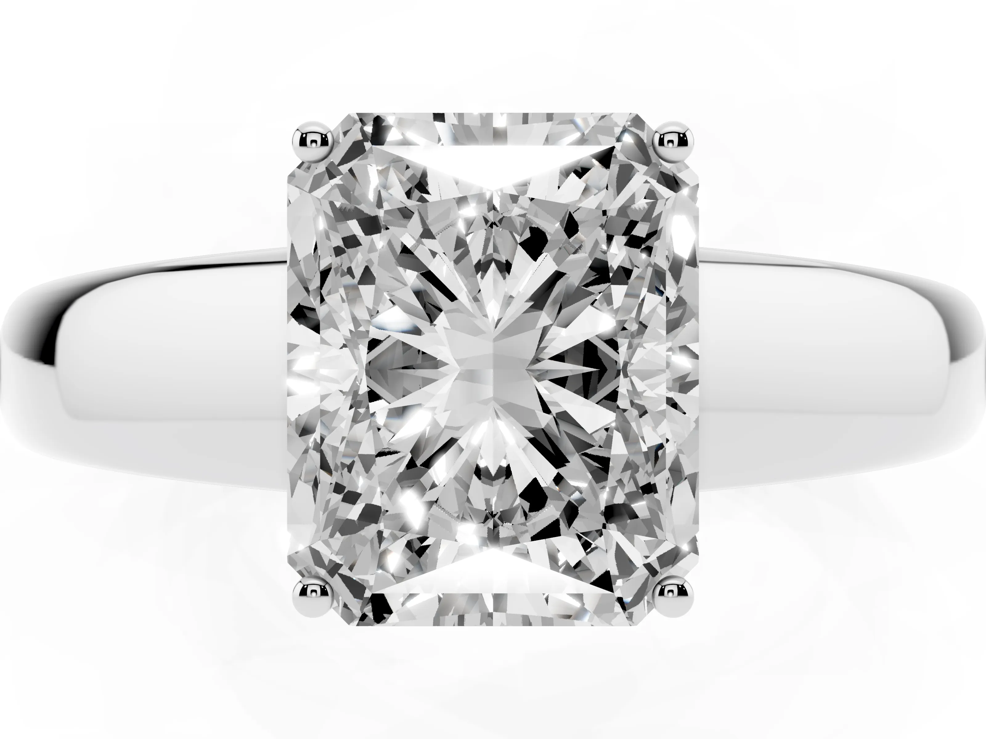 Radiant Cut Diamond Solitaire Ring Set in White gold with Tapered Band and Prong Setting