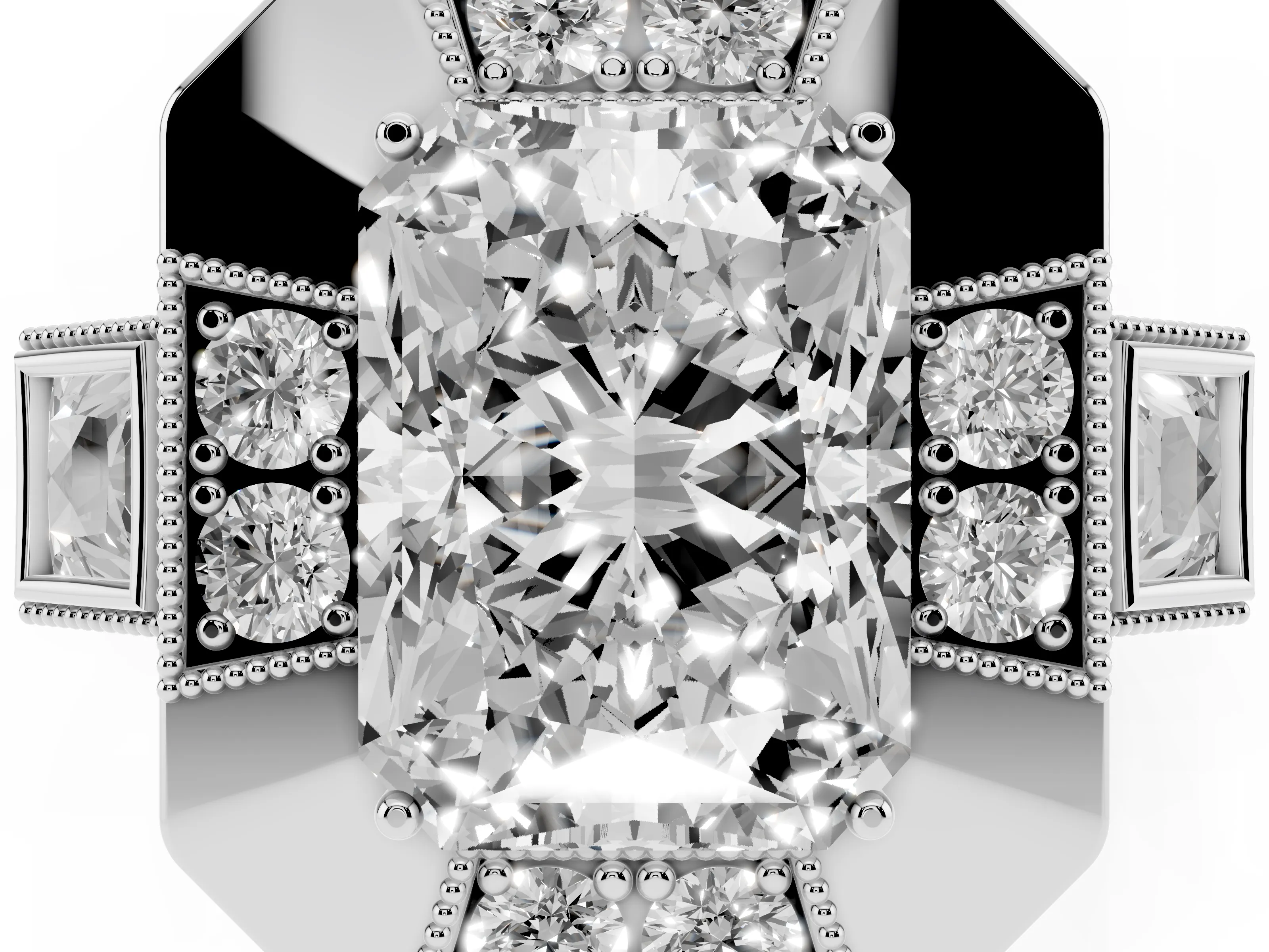 Radiant Cut Diamond Milgrain Halo Ring Set in Silver with Split Shank