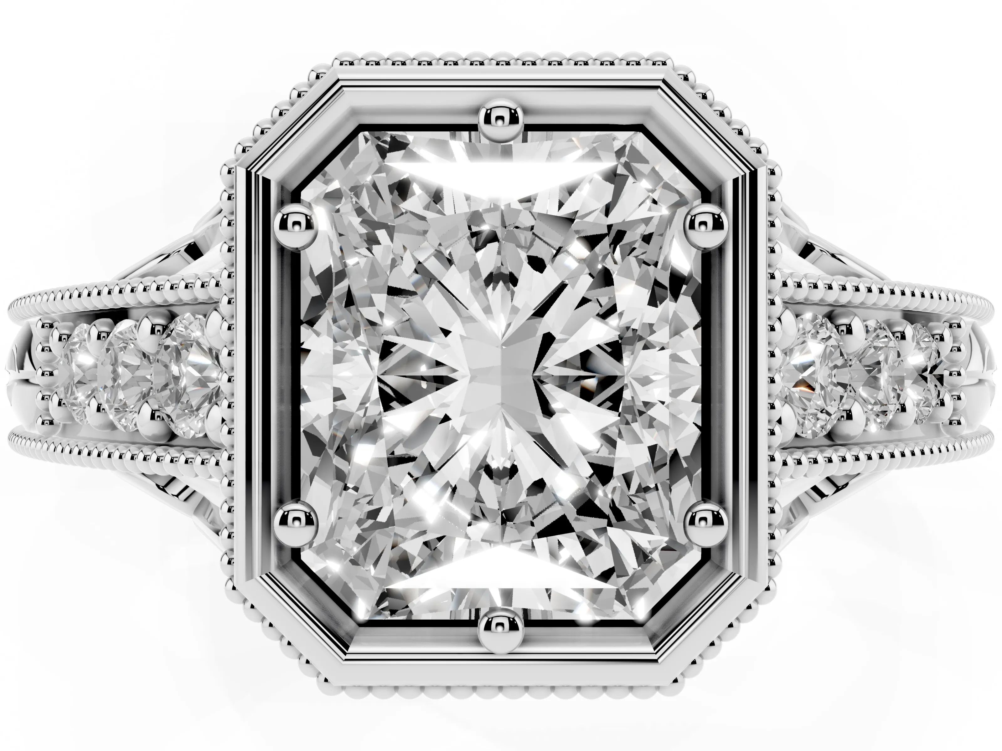 Bezel Set Radiant Cut Diamond Milgrain Pavé Engagement Ring Set in Platinum