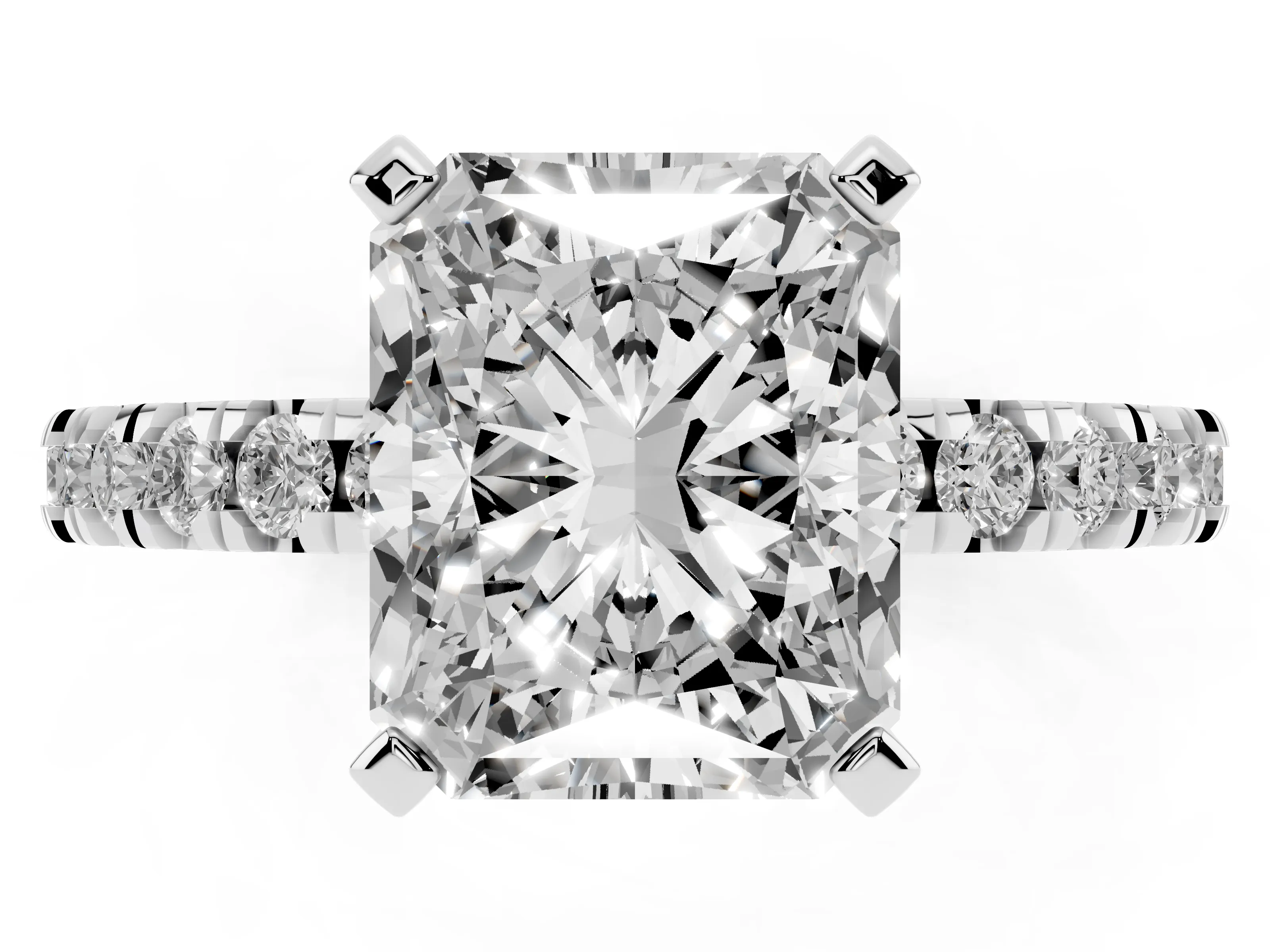 Radiant Cut Diamond Pavé Band Solitaire Set in Silver with Prong Setting