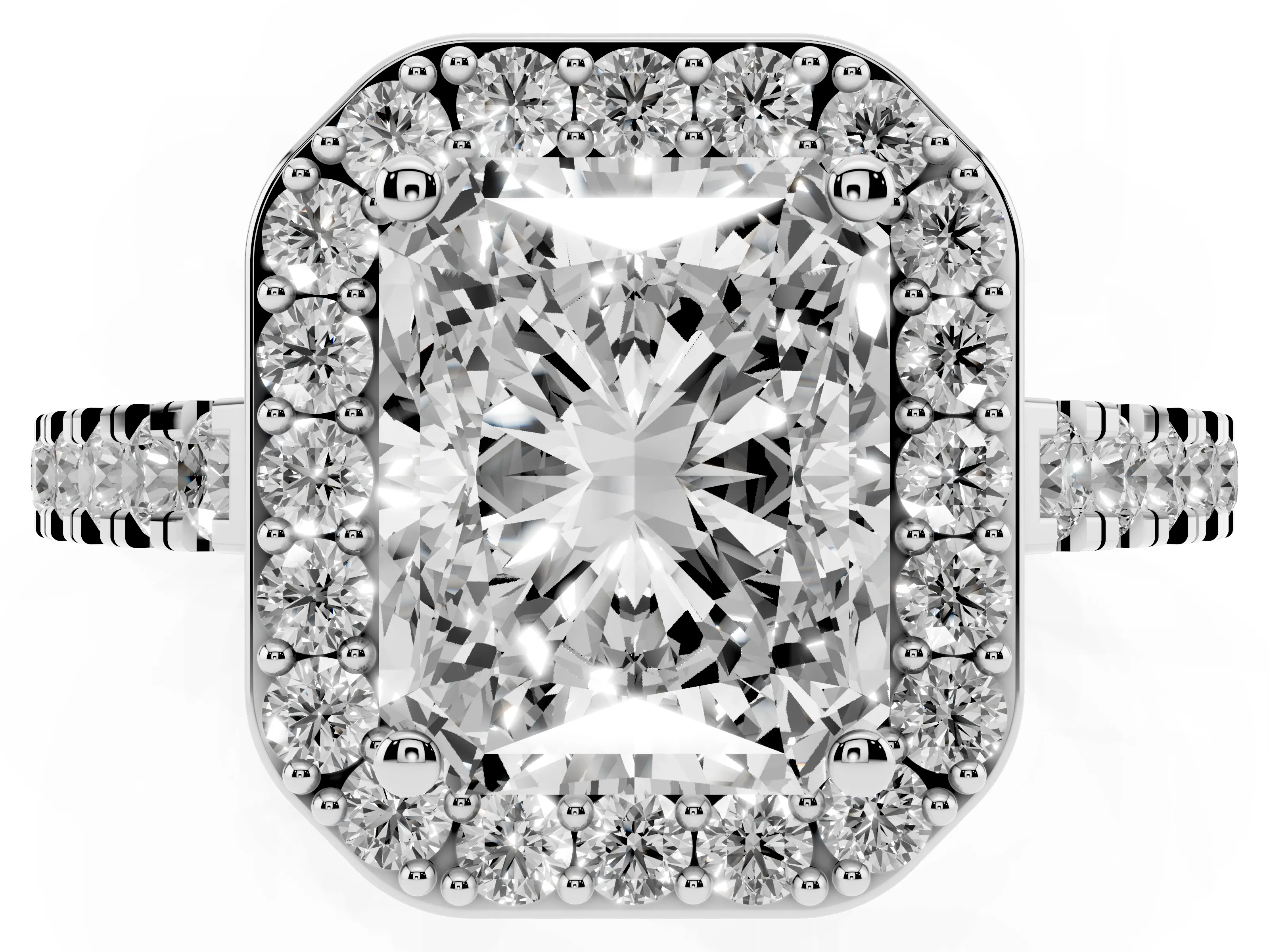 Radiant Cut Diamond Halo Ring Set in Silver with Round Pavé Split Shank and Prong Setting