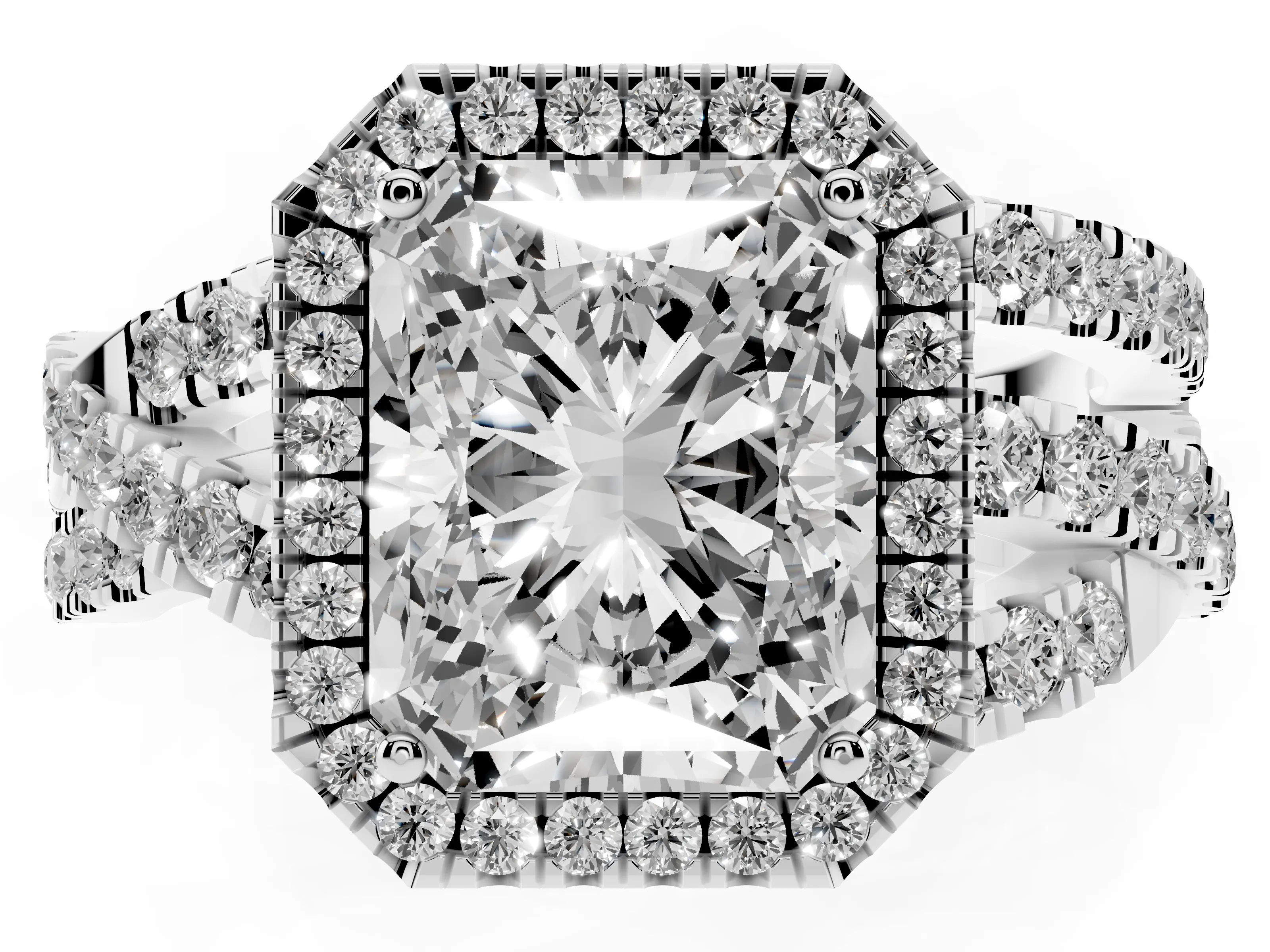 Radiant Cut Diamond Halo Ring Set in Platinum with Round Crossover Split Shank and Prong Setting