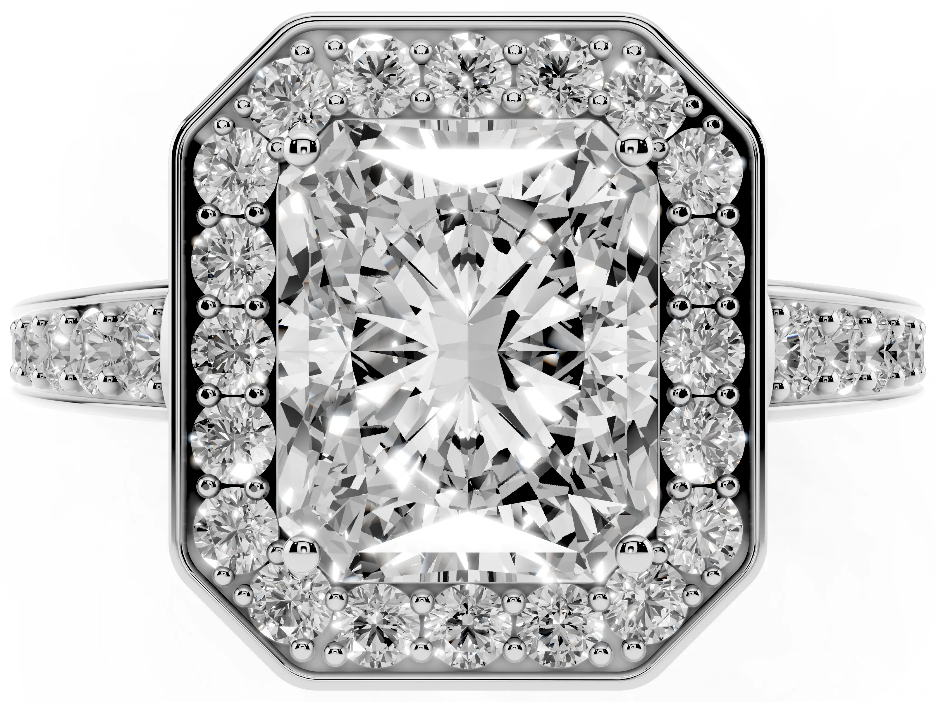 Radiant Cut Diamond Halo Pavé Engagement Ring Set in Silver with Bezel Setting