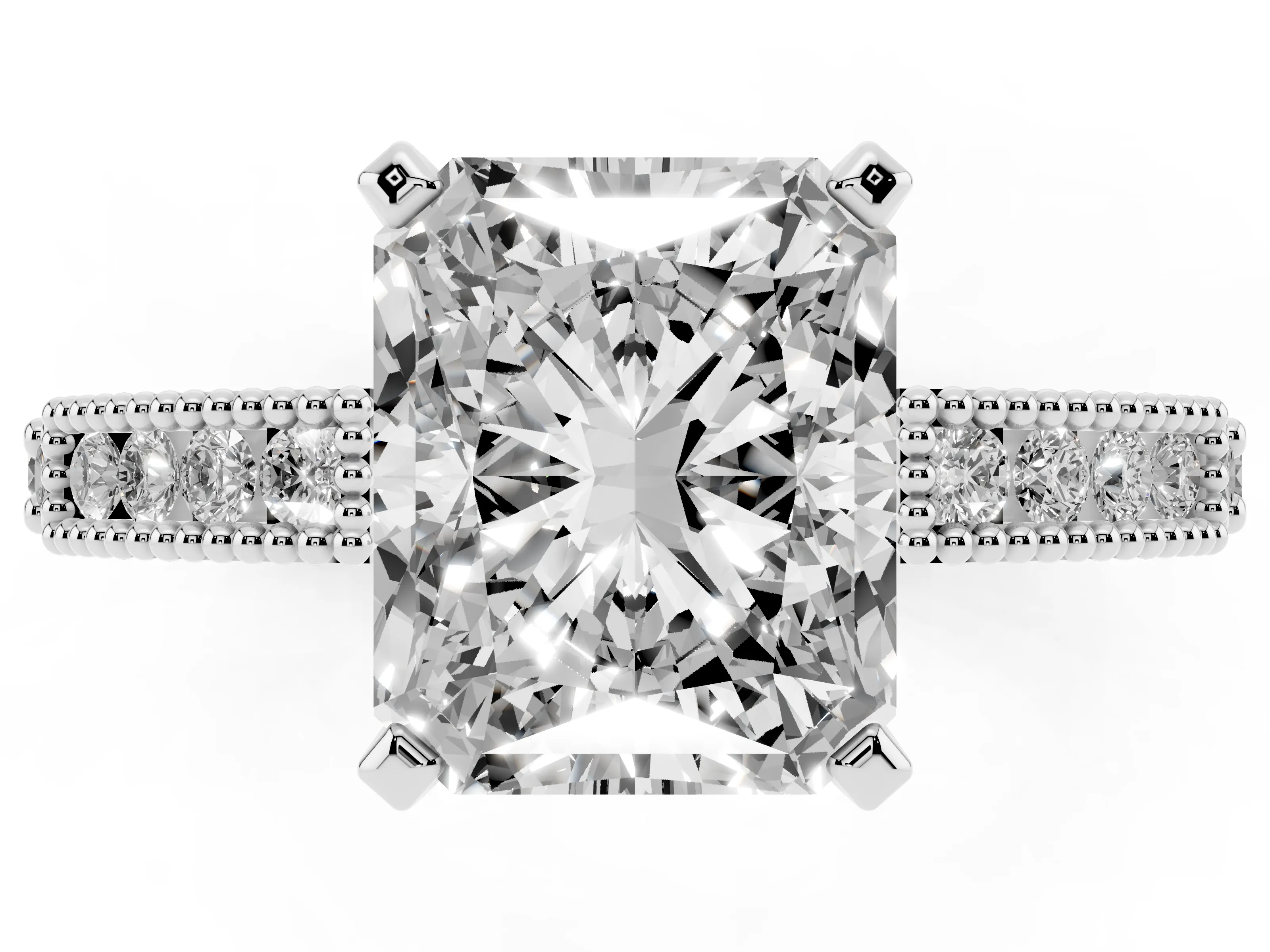 Radiant Cut Diamond Solitaire Ring Set in White gold with Slim Pavé Band and Prong Setting