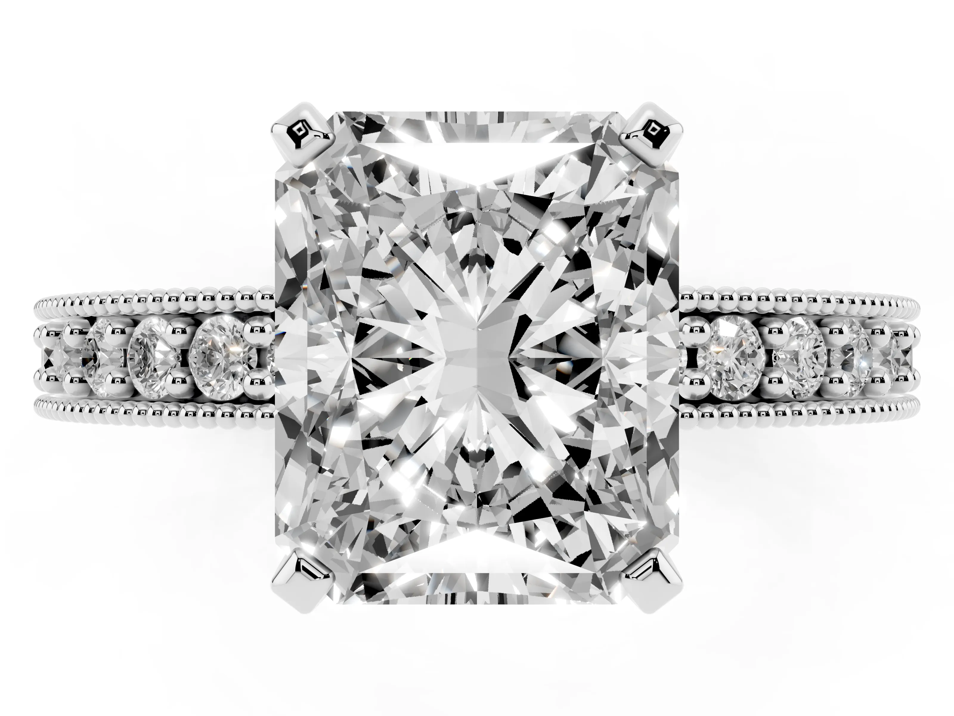 Radiant Cut Diamond Milgrain Pavé Engagement Ring Set in Silver with Prong Setting