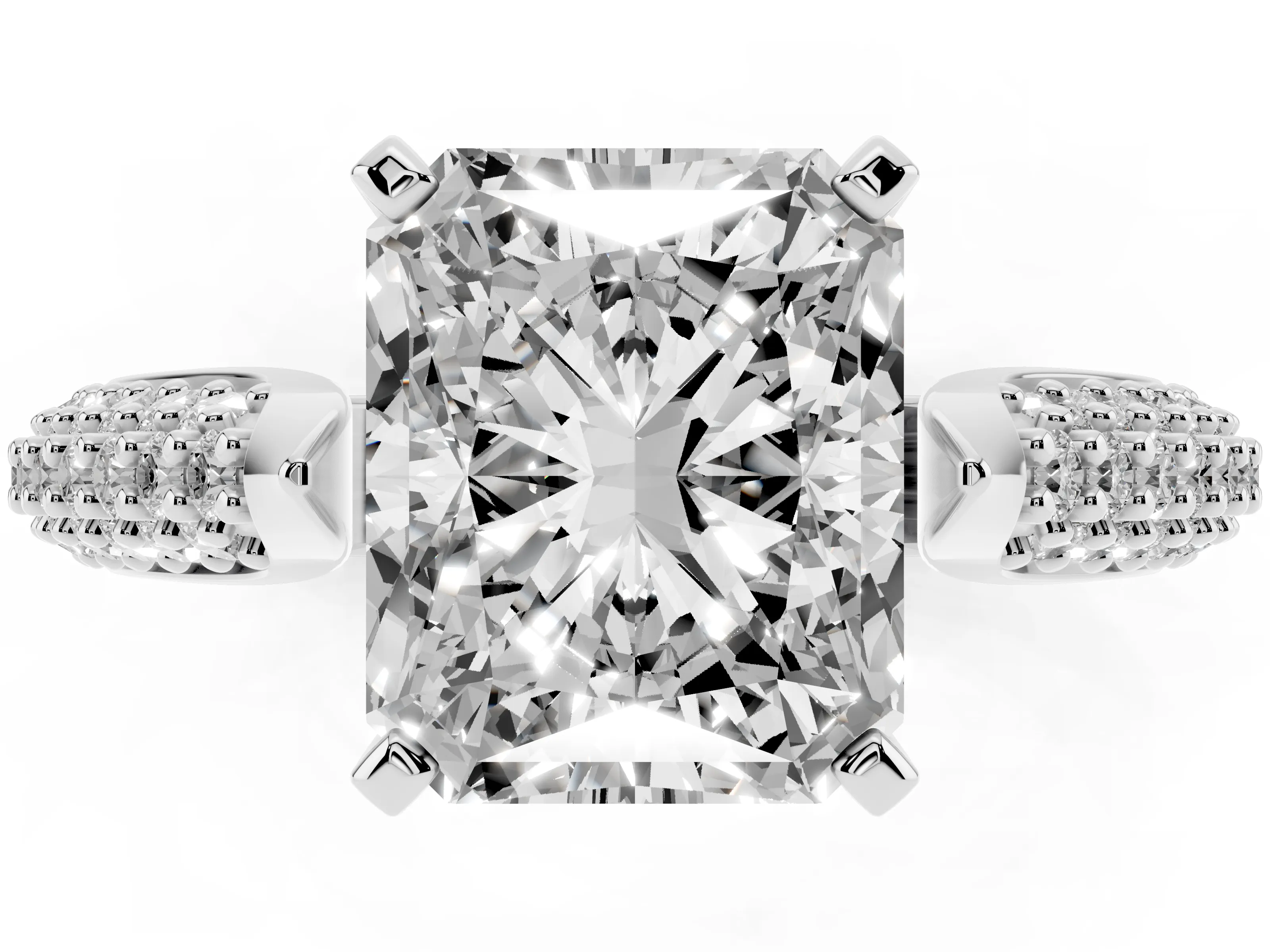 Radiant Cut Diamond Solitaire Engagement Ring Set in Platinum with Multi-Row Round Pavé Band and Prong Setting
