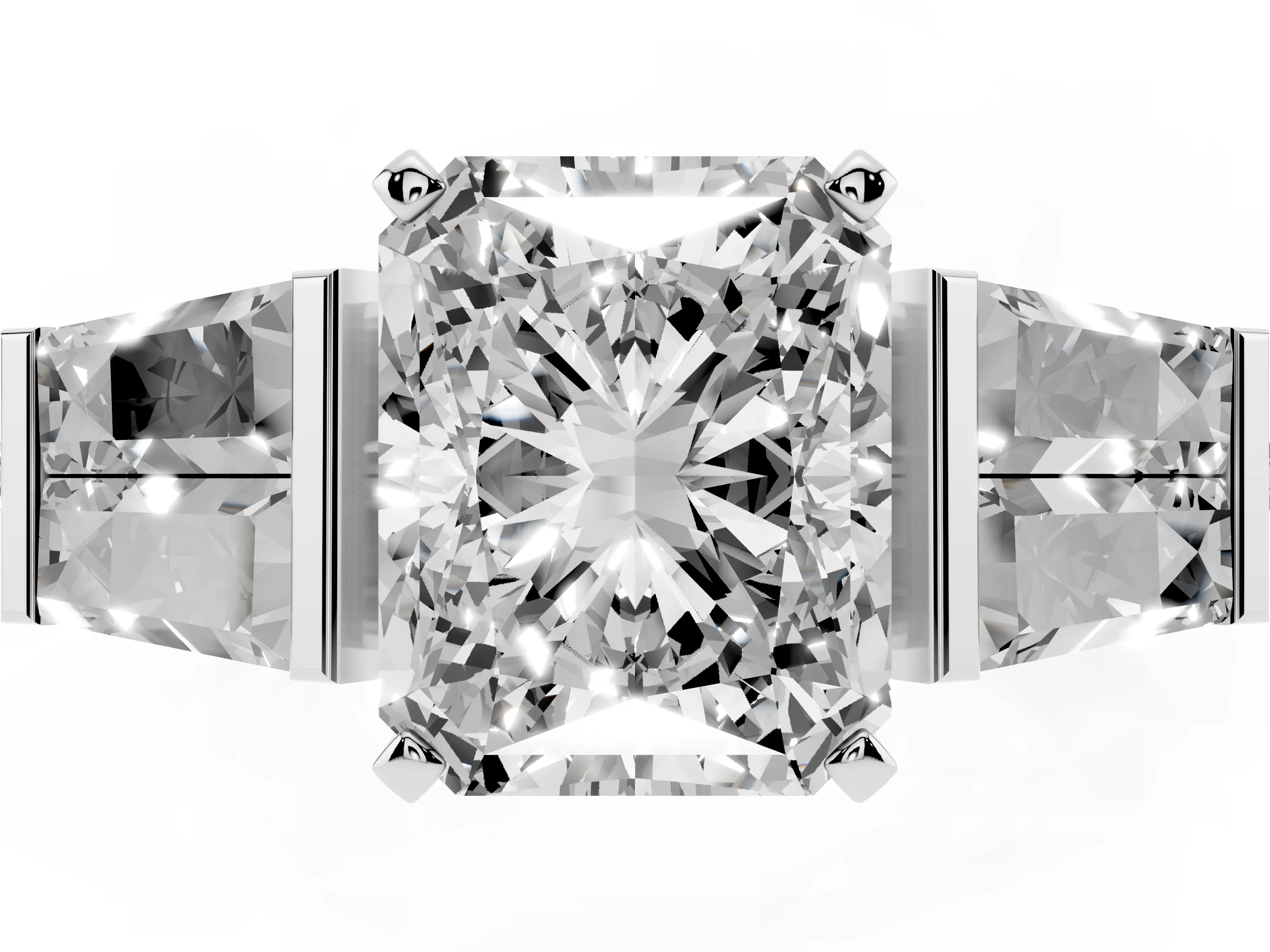 Radiant Cut Diamond Engagement Ring Set in White gold with Baguette Side Stones and Channel Set Band