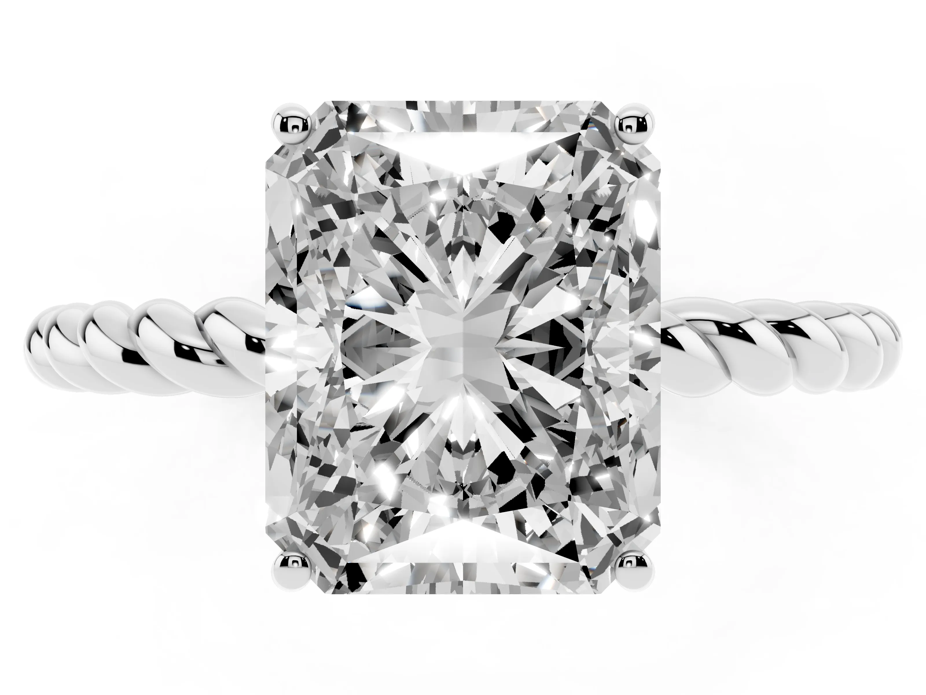 Radiant Cut Diamond Solitaire Ring Set in White gold with Twist Band and Prong Setting