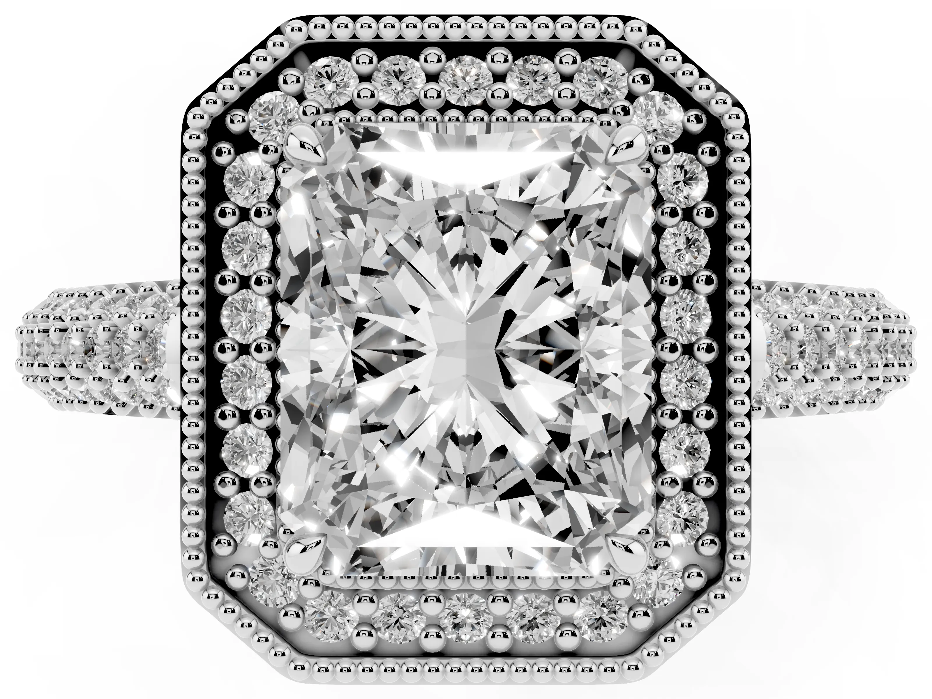 Radiant Cut Diamond Halo Pavé Band Set in Silver with Prong Setting