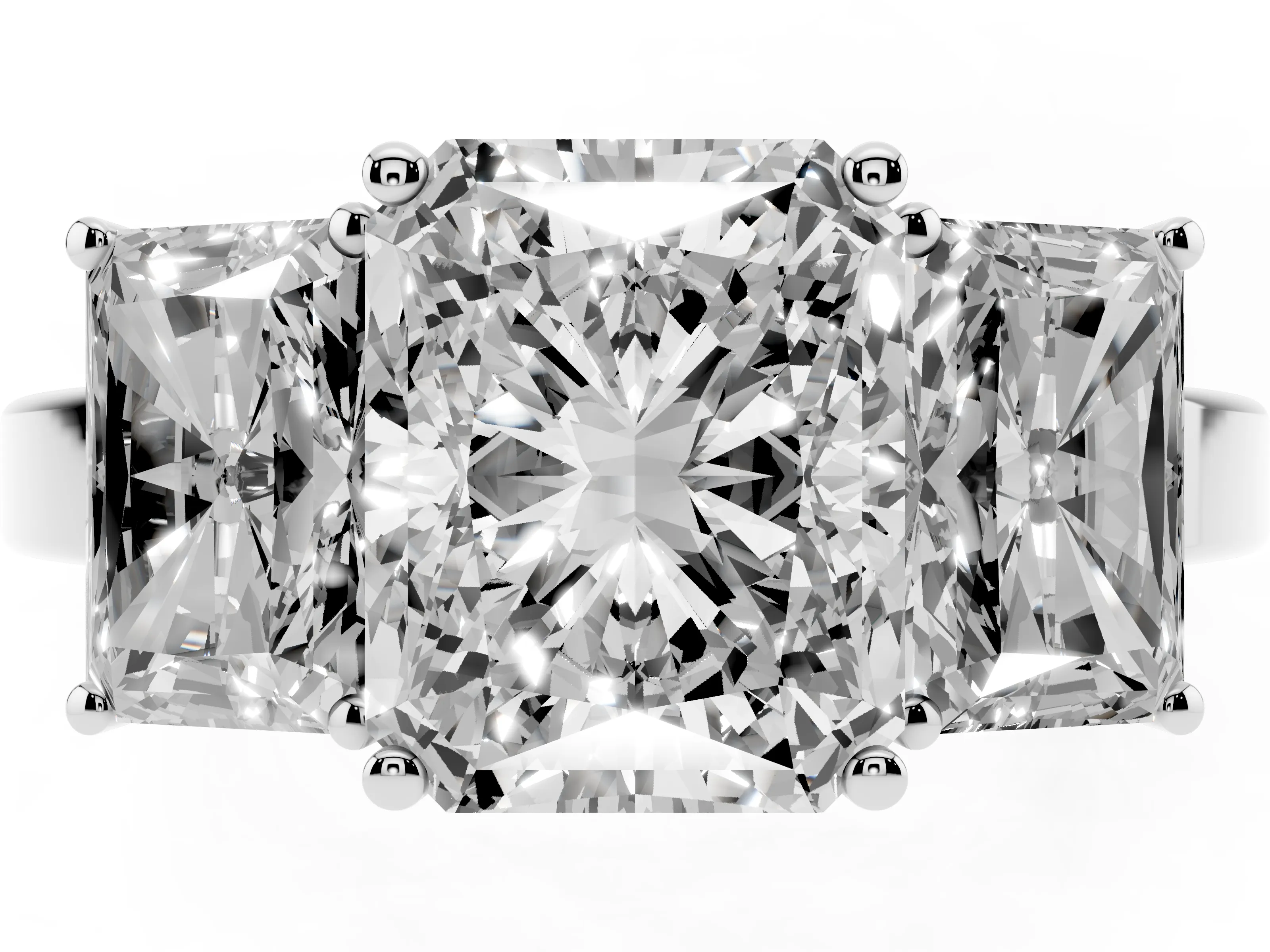Radiant Cut Diamond Three-Stone Engagement Ring Set in White gold with Flat Band