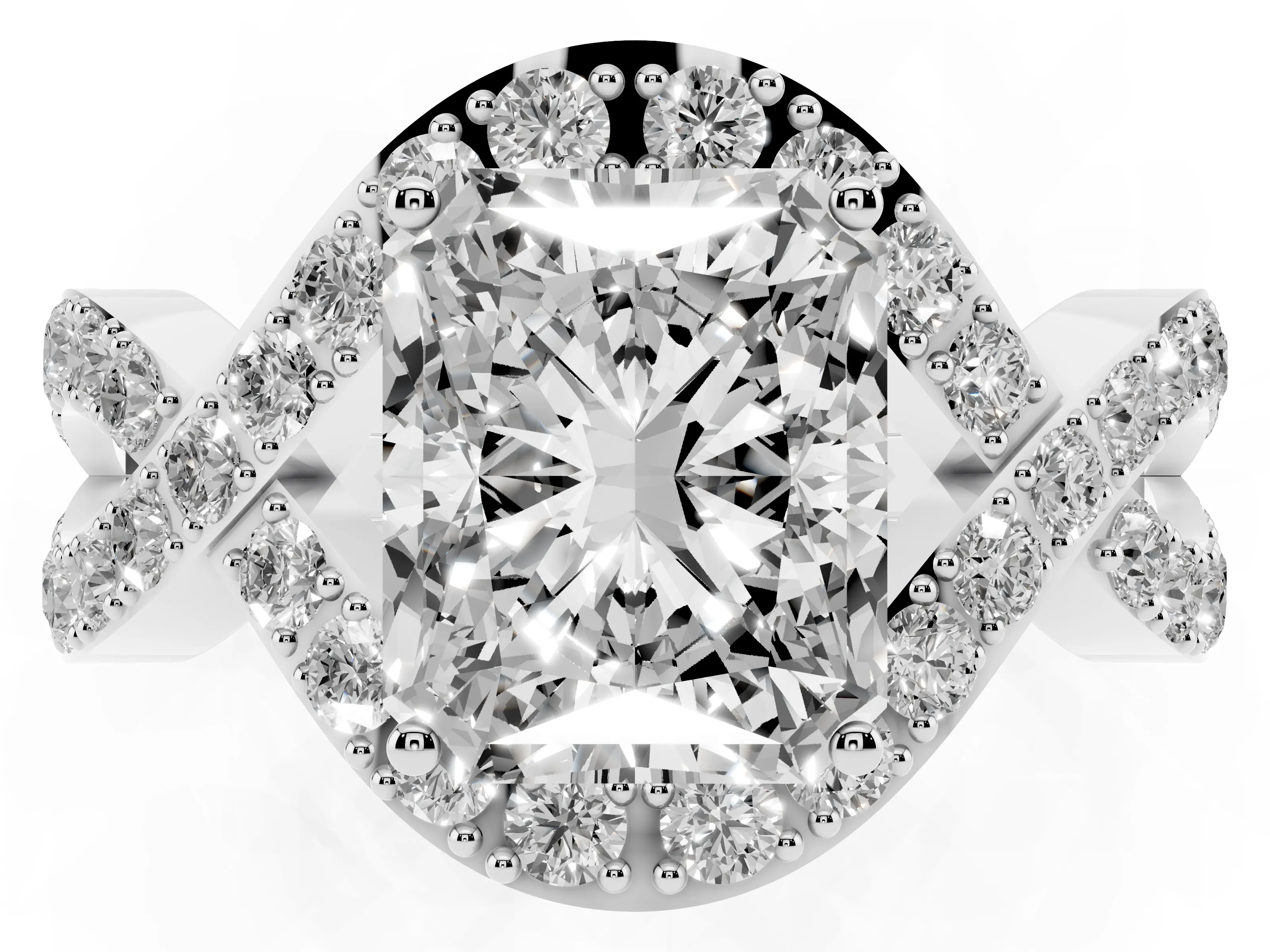 Radiant Cut Diamond Solitaire Twist Band Pavé Engagement Ring Set in Platinum