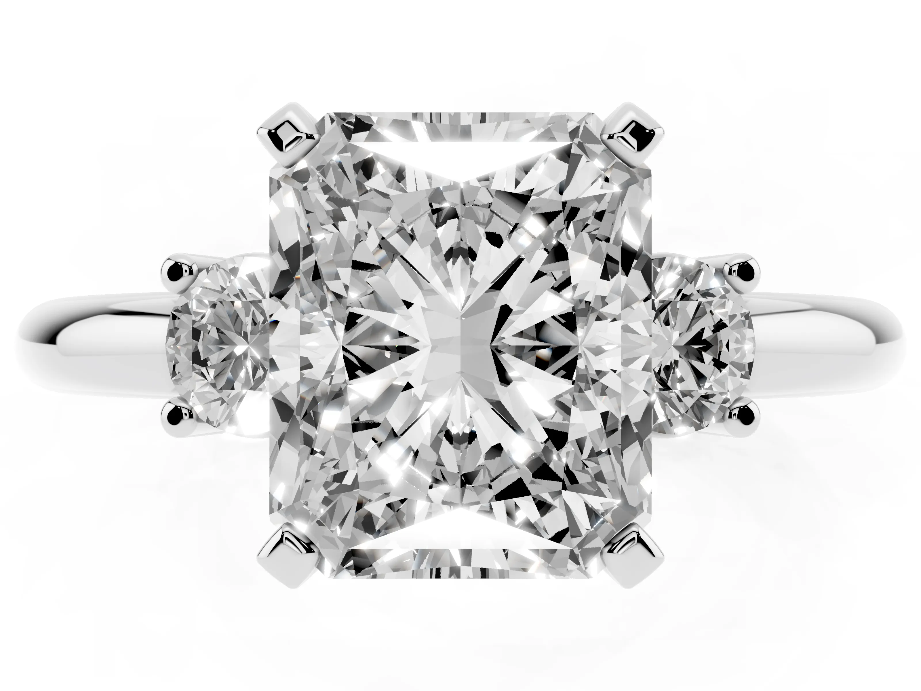 Three-Stone Radiant Cut Diamond Ring Set in Silver with Prong Setting and Plain Band