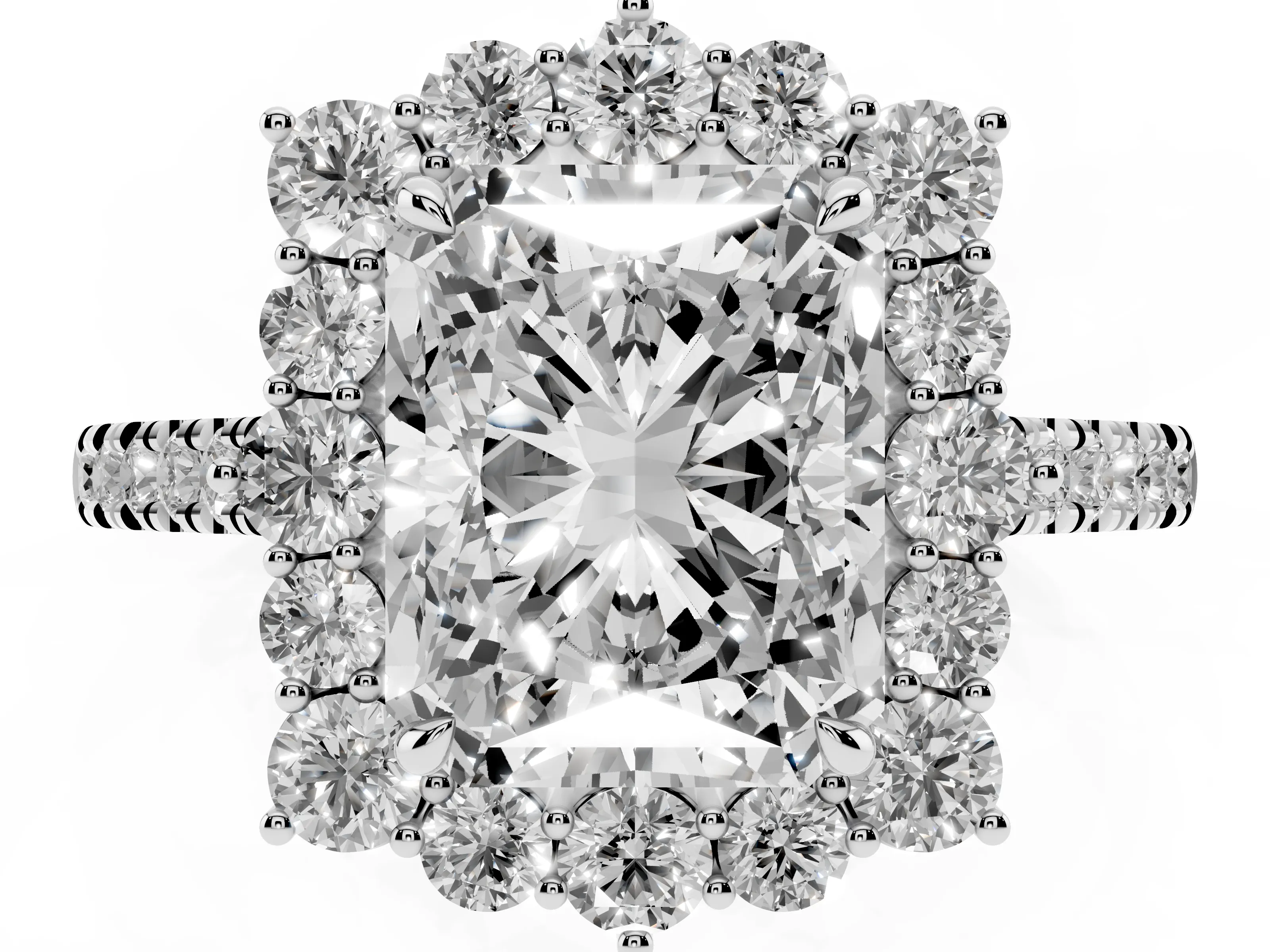 Radiant Cut Diamond Halo Ring Set in Silver with Pavé Band and Prong Setting