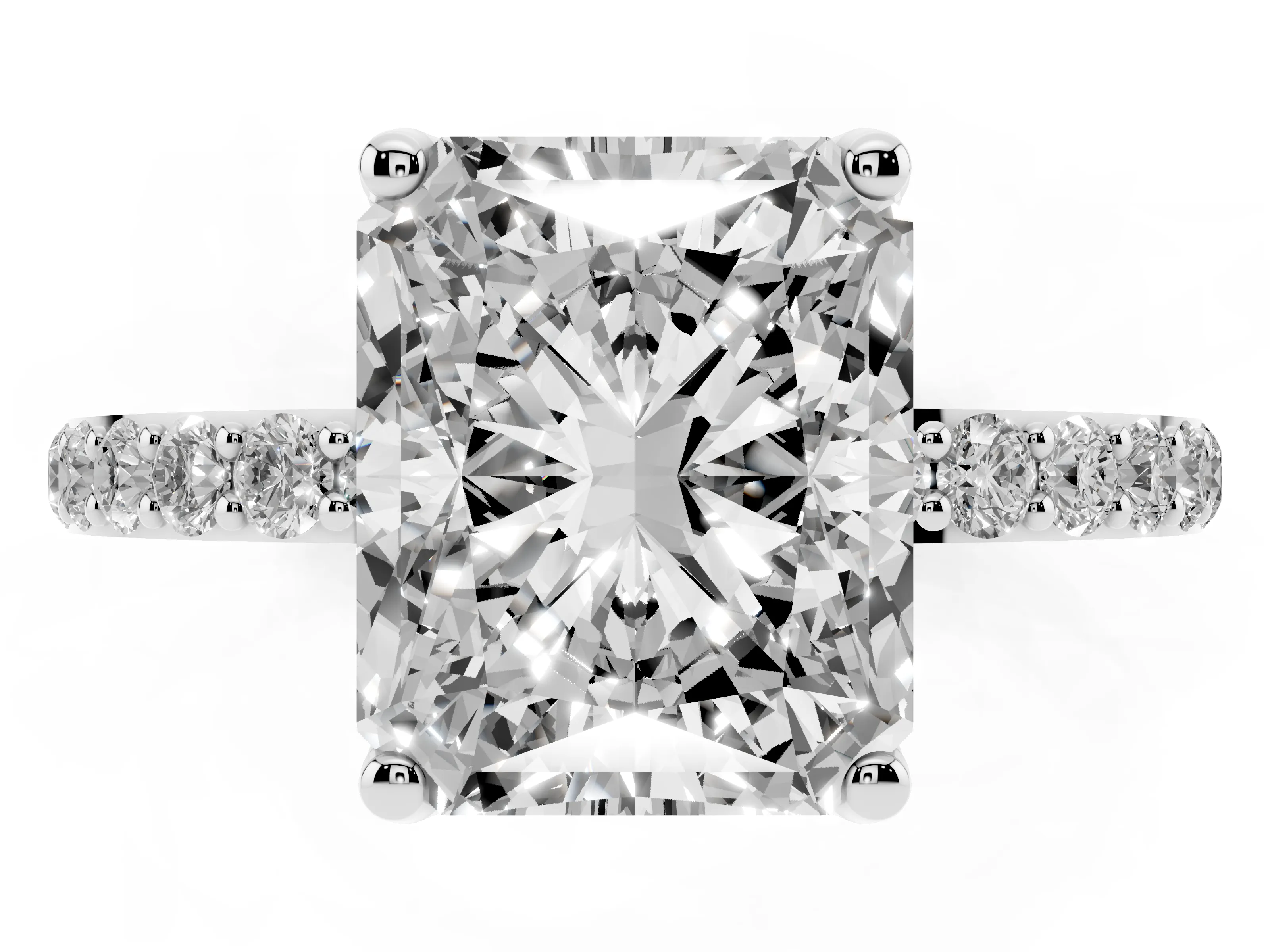 Radiant Cut Diamond Solitaire Engagement Ring Set in White gold with Round Pavé Band and Prong Setting