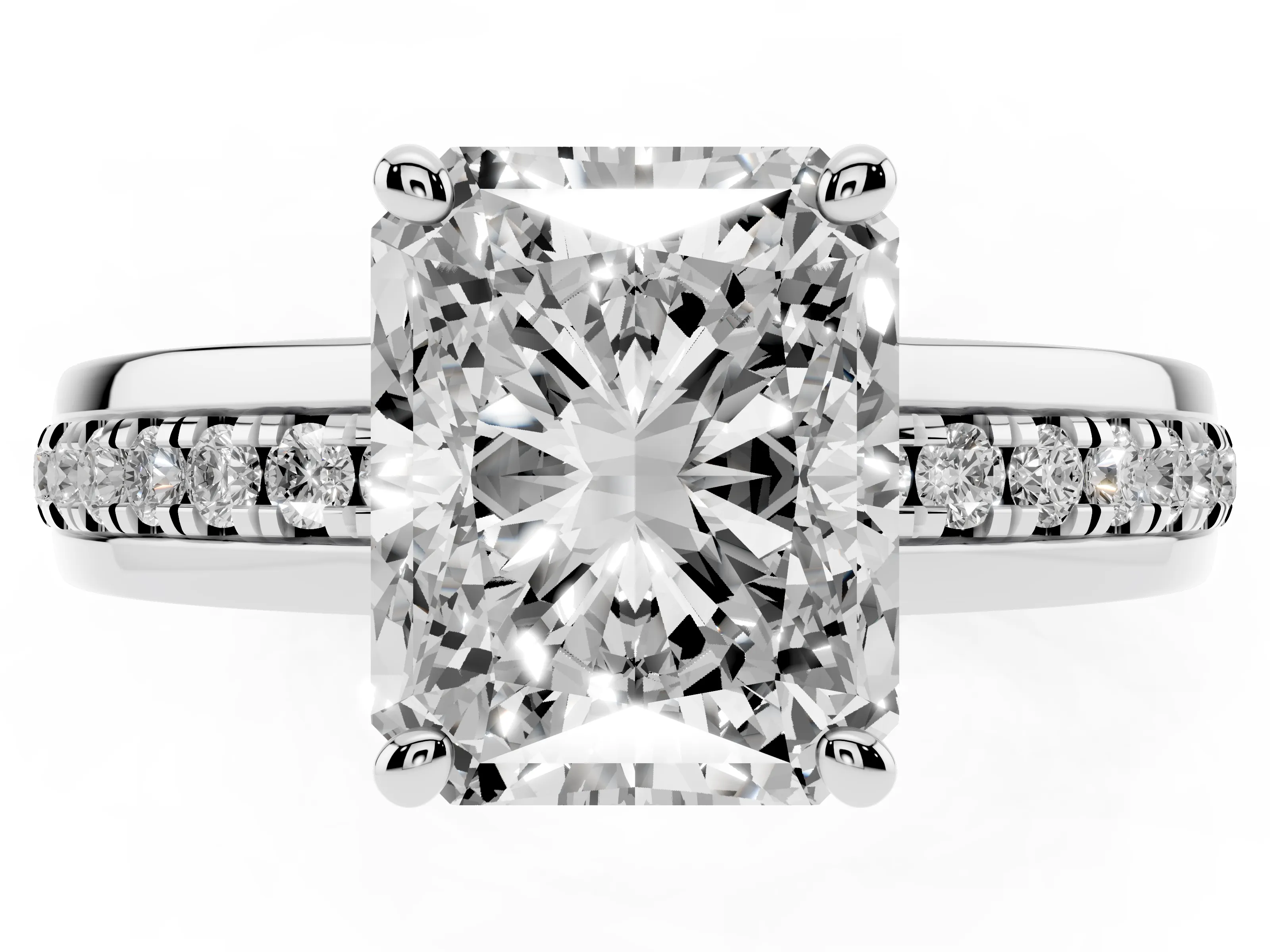 Radiant Cut Diamond Solitaire Ring Set in White gold with Channel Set Band and Prong Setting