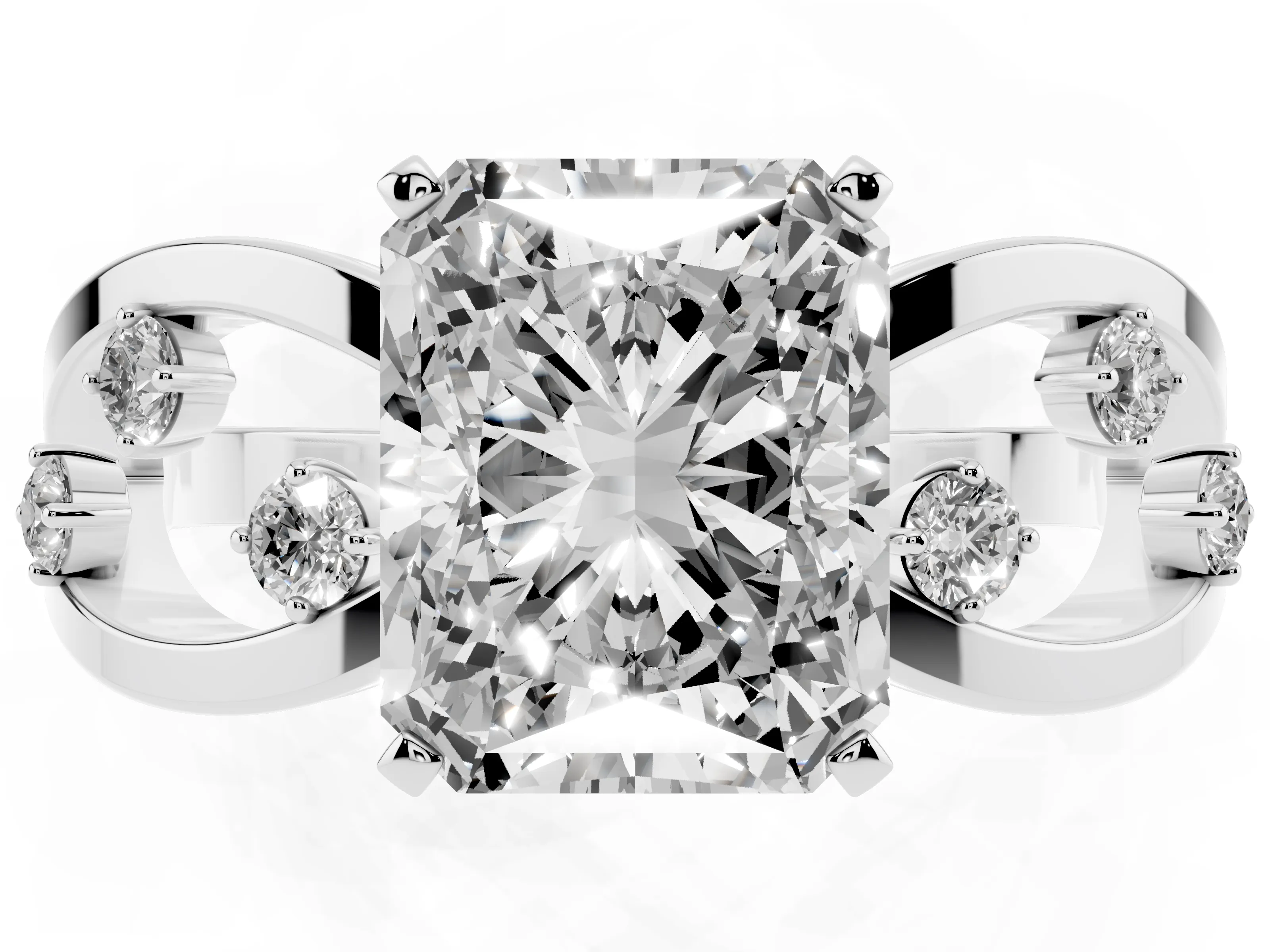Radiant Cut Diamond Solitaire Ring Set in Platinum with Side Stones on Criss-Cross Band and Prong Setting