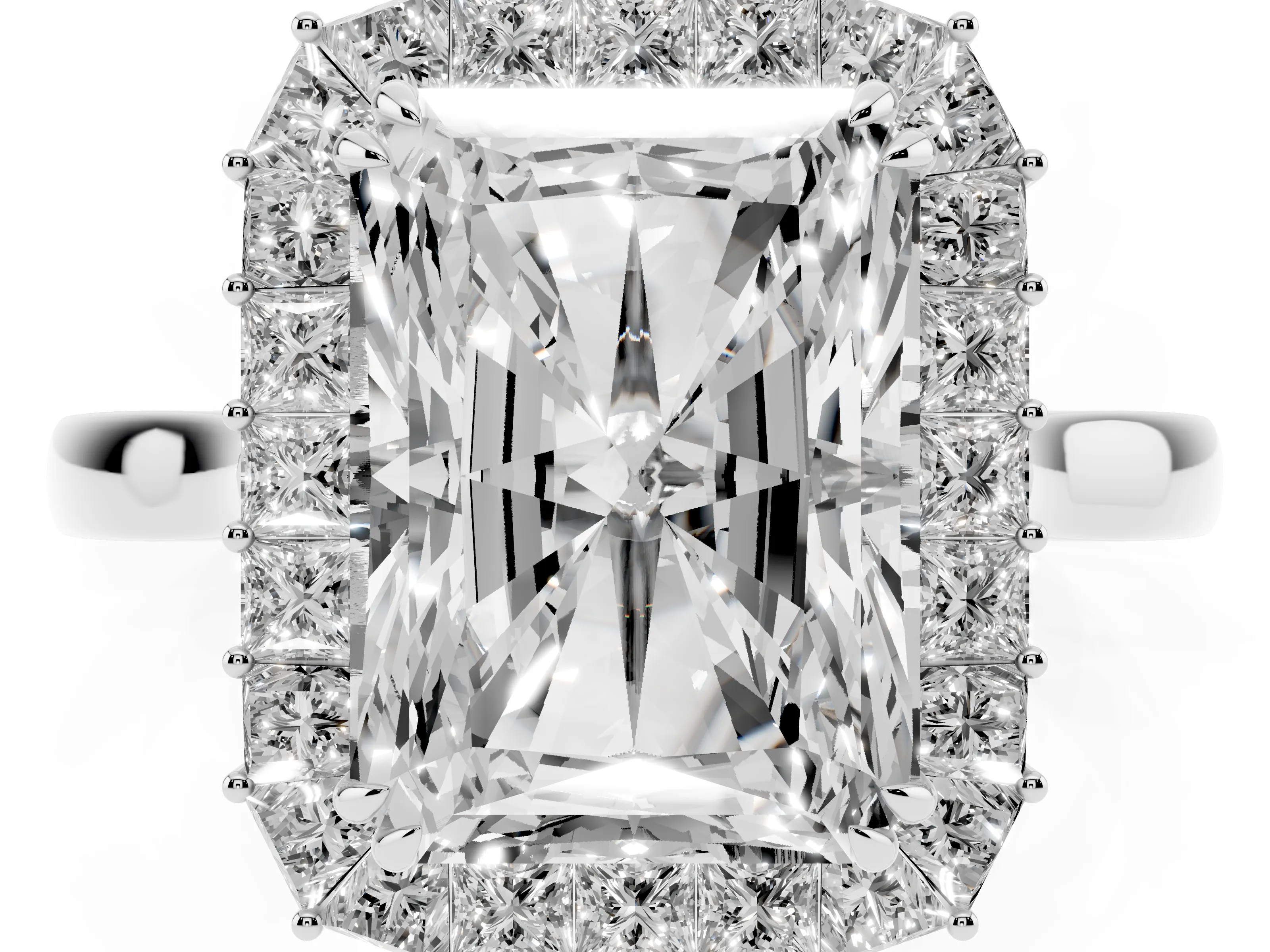 Radiant Diamond Baguette Halo Ring Set in Platinum with Round Accents and Slim Band