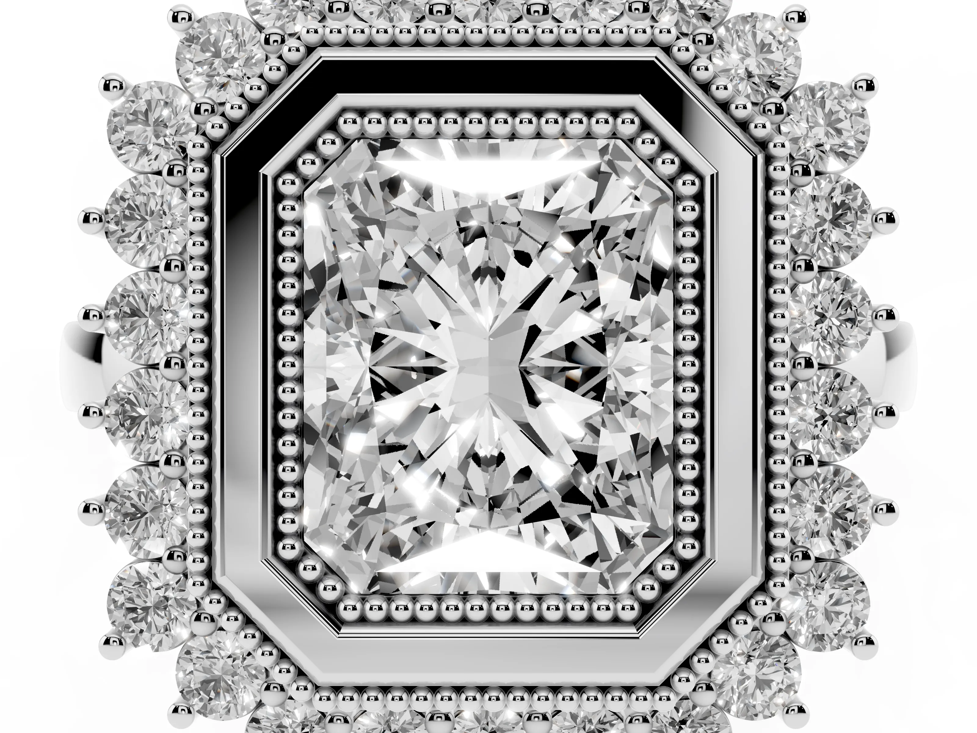 Radiant Cut Diamond Halo Ring Set in Silver with Milgrain Edge and Round Prong Setting