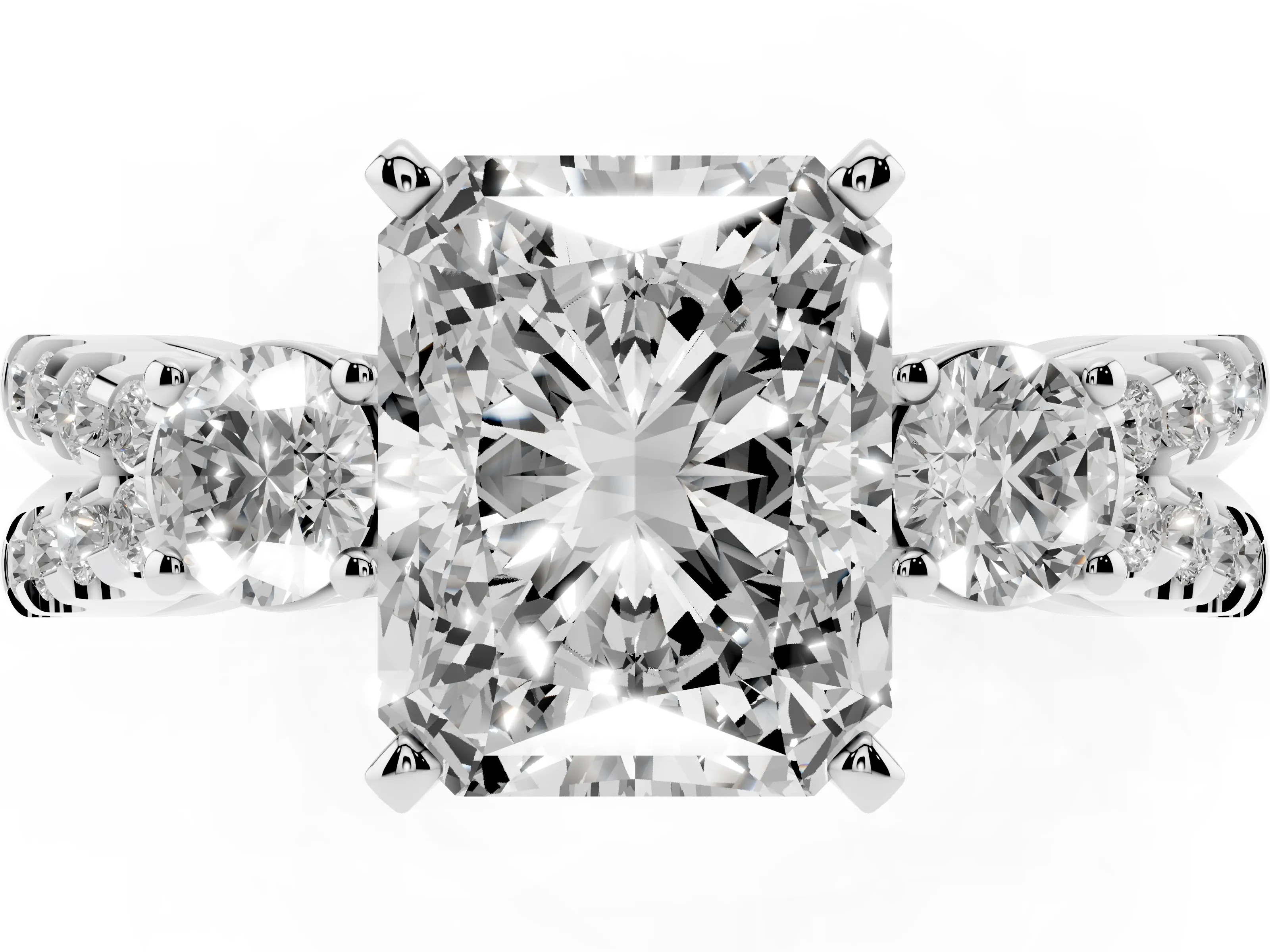 Radiant Cut Diamond Three-Stone Ring Set in Silver with Pavé Split Shank and Prong Setting