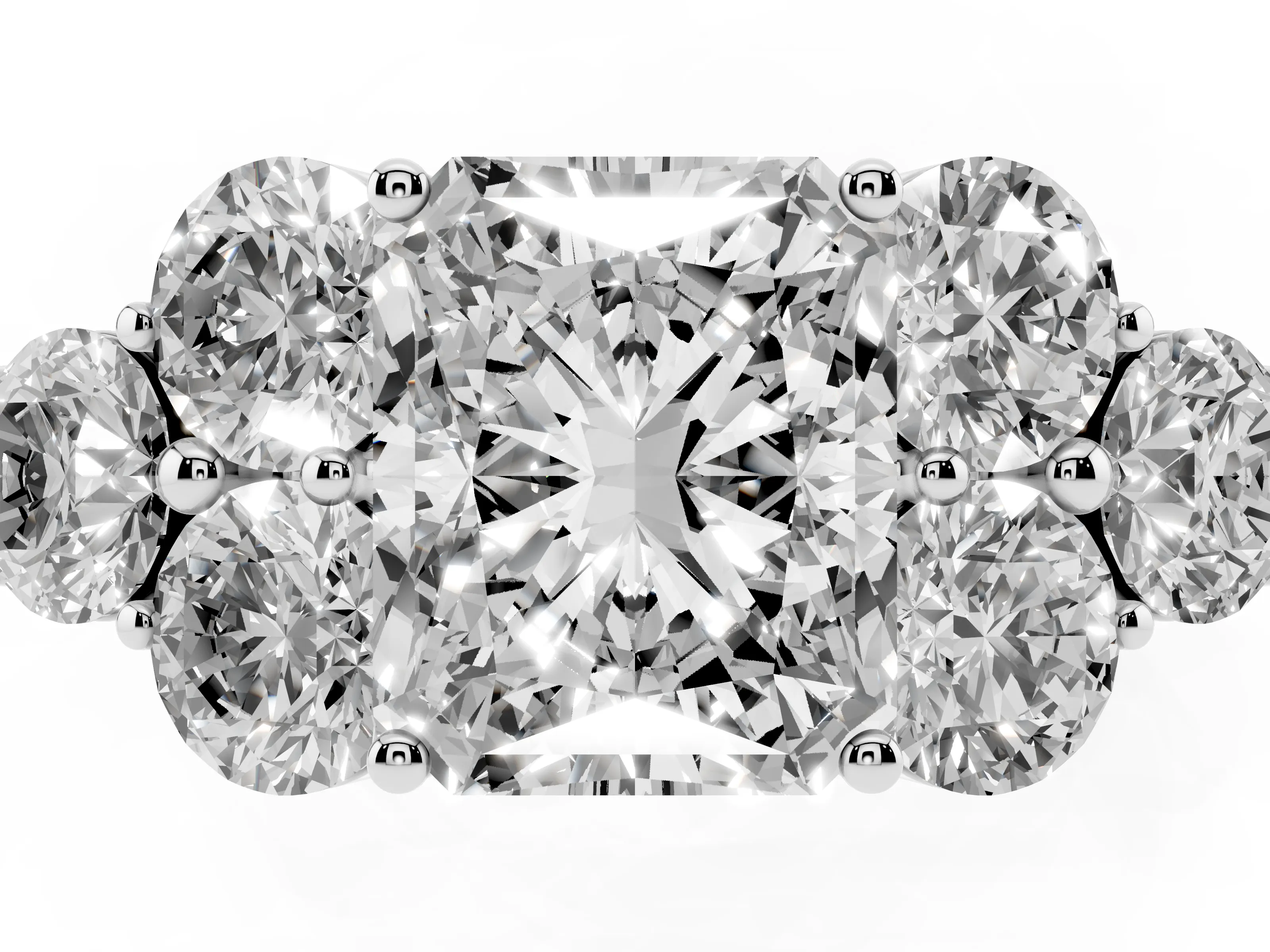 Radiant Cut Diamond Cluster Ring Set in Silver with Round Accent Stones and Prong Setting on a Plain Band