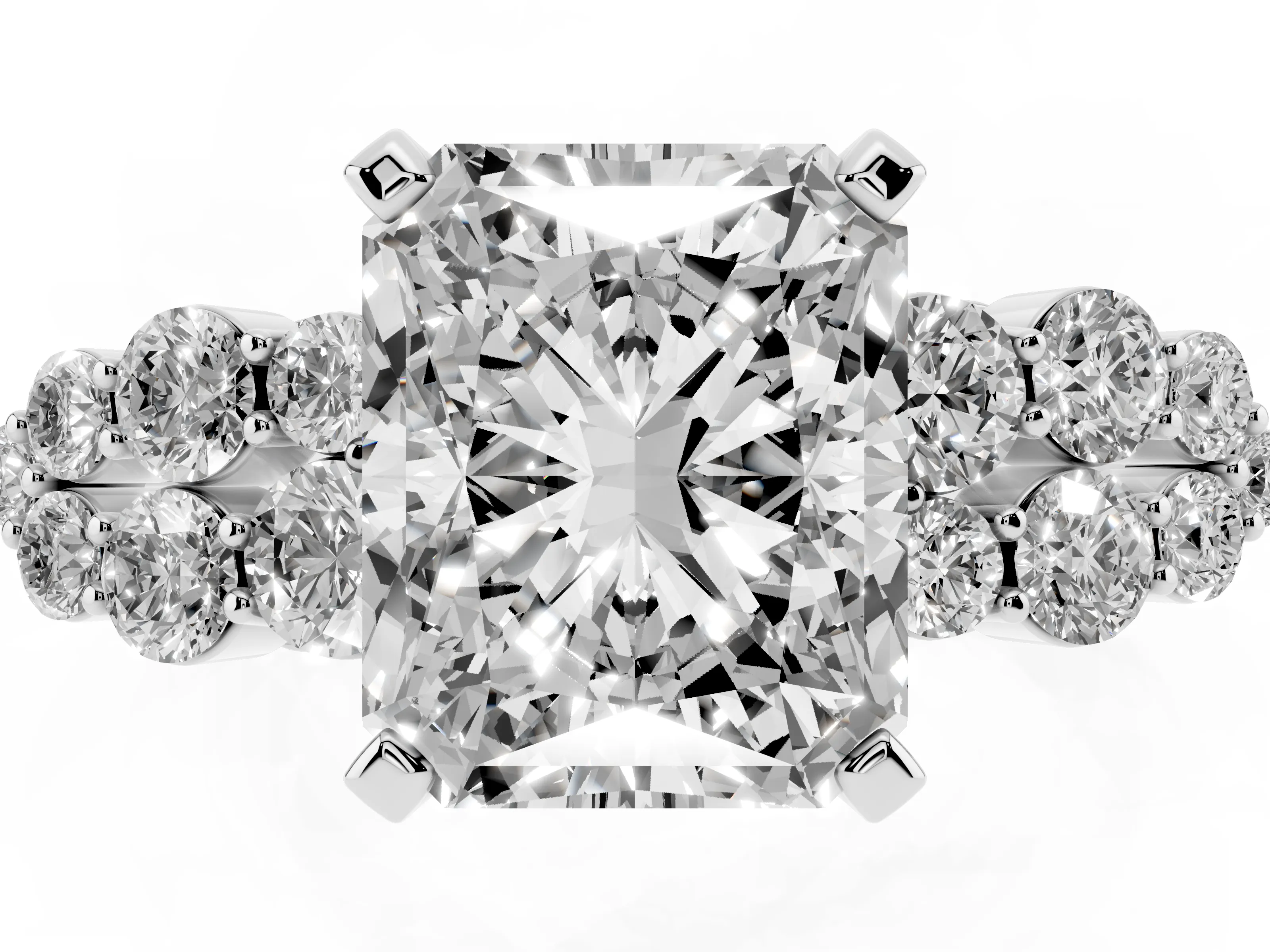 Radiant Cut Diamond Cluster Engagement Ring Set in Silver with Pavé Band and Prong Setting