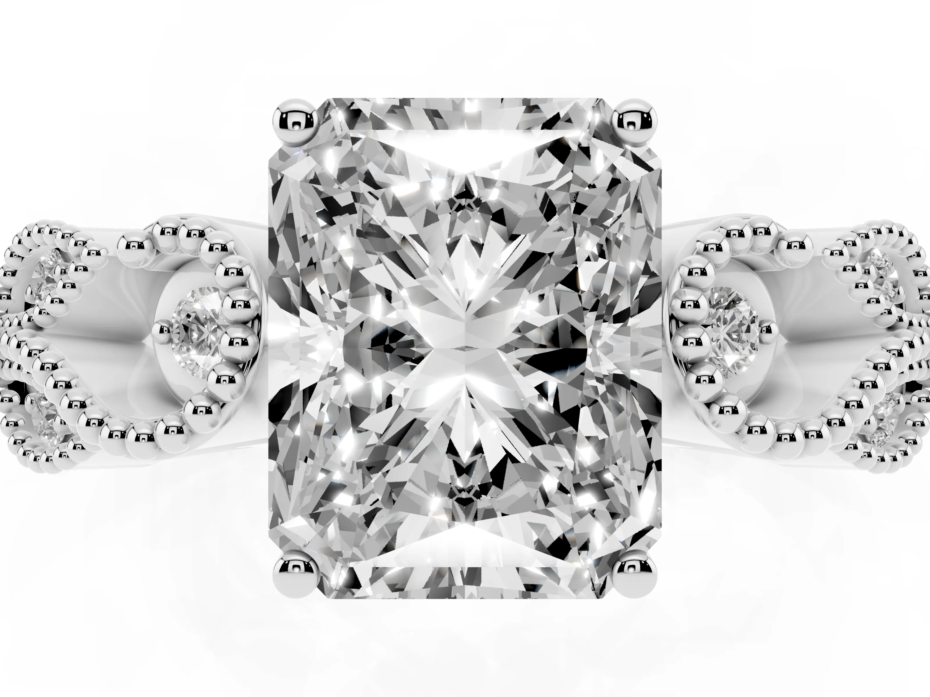 Radiant Cut Diamond Milgrain Leaf Band Solitaire Ring Set in Silver with Accent Stones and Prong Setting