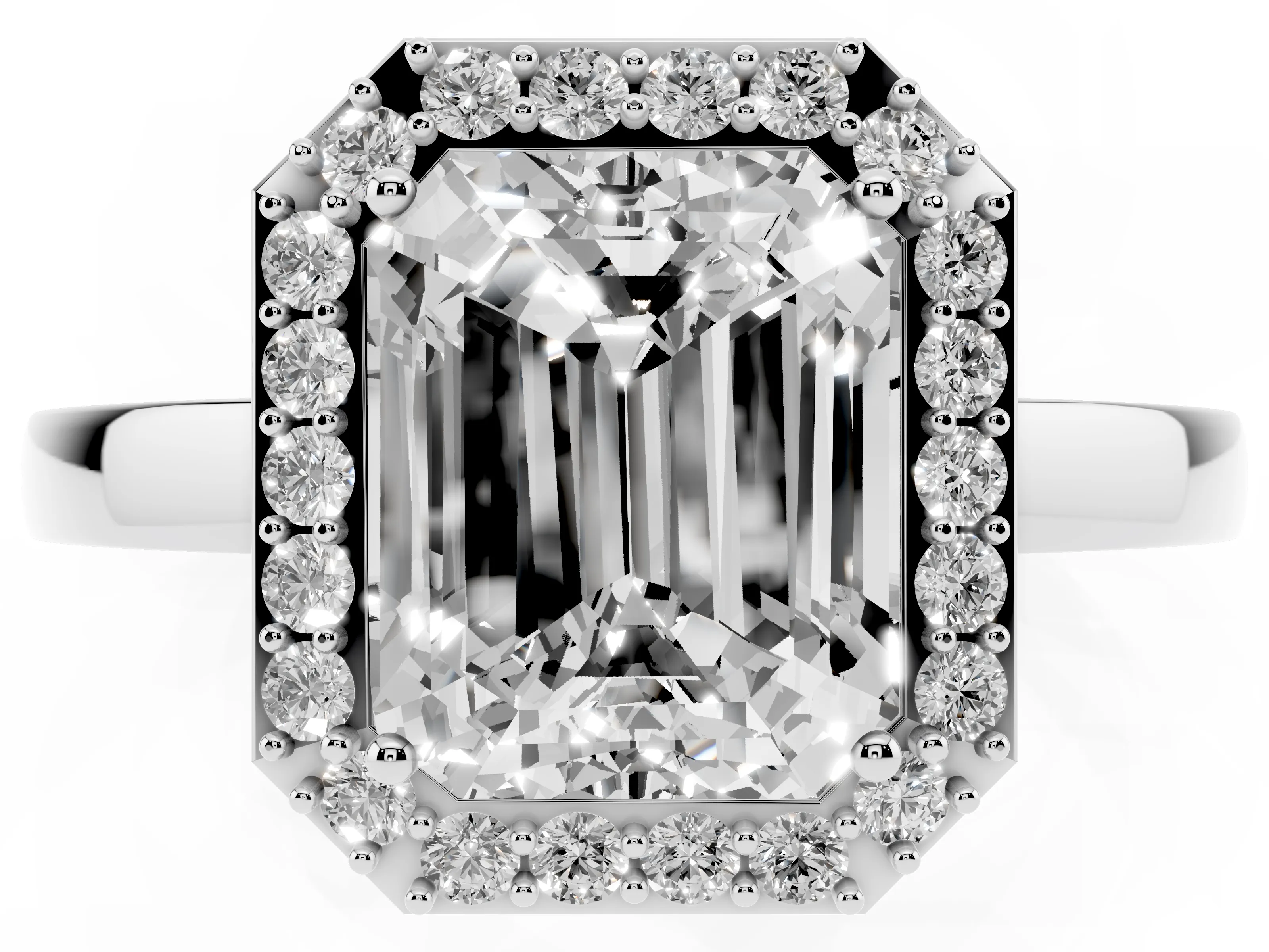 Radiant Cut Diamond Halo Ring Set in White gold with Solitaire Band and Prong Setting