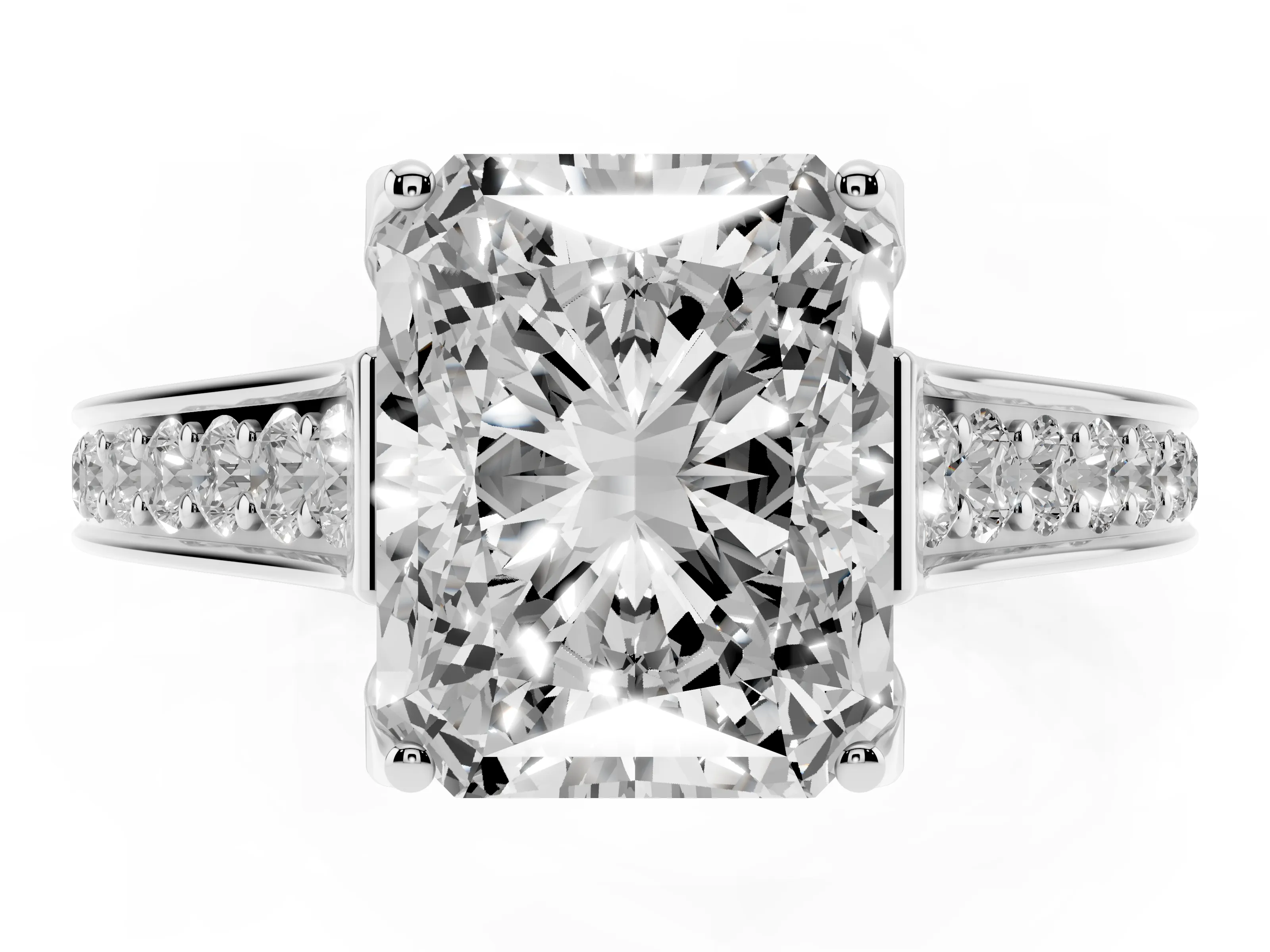 Radiant Cut Diamond Solitaire Pavé Engagement Ring Set in Platinum with Prong Setting