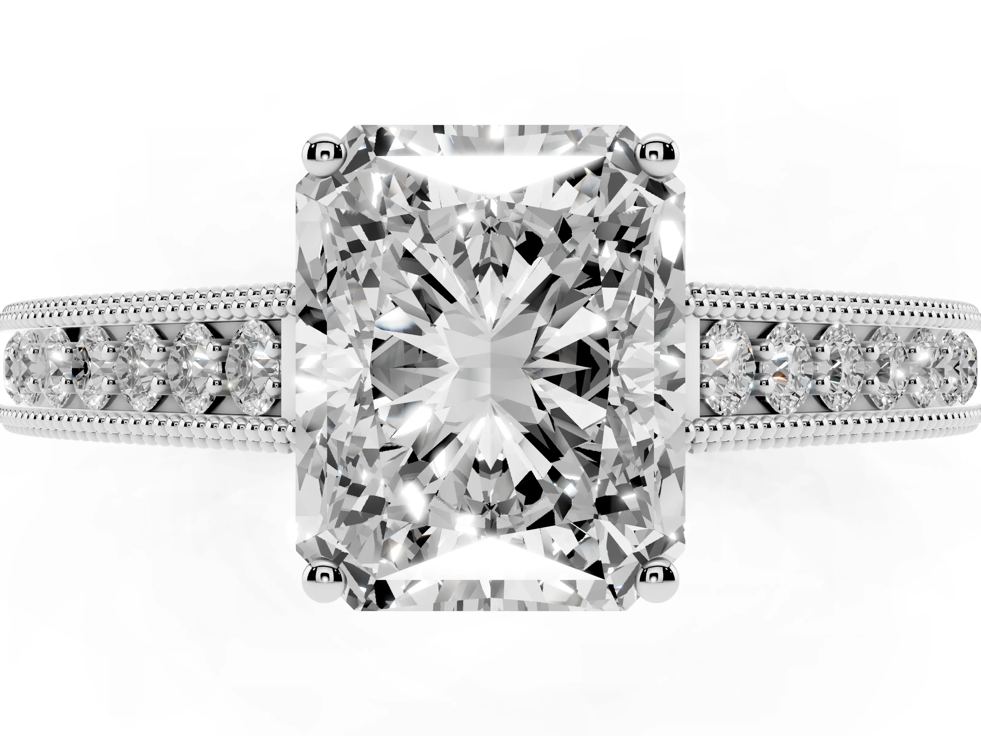 Radiant Cut Diamond Milgrain Pavé Band Solitaire Ring Set in Platinum with Prong Setting