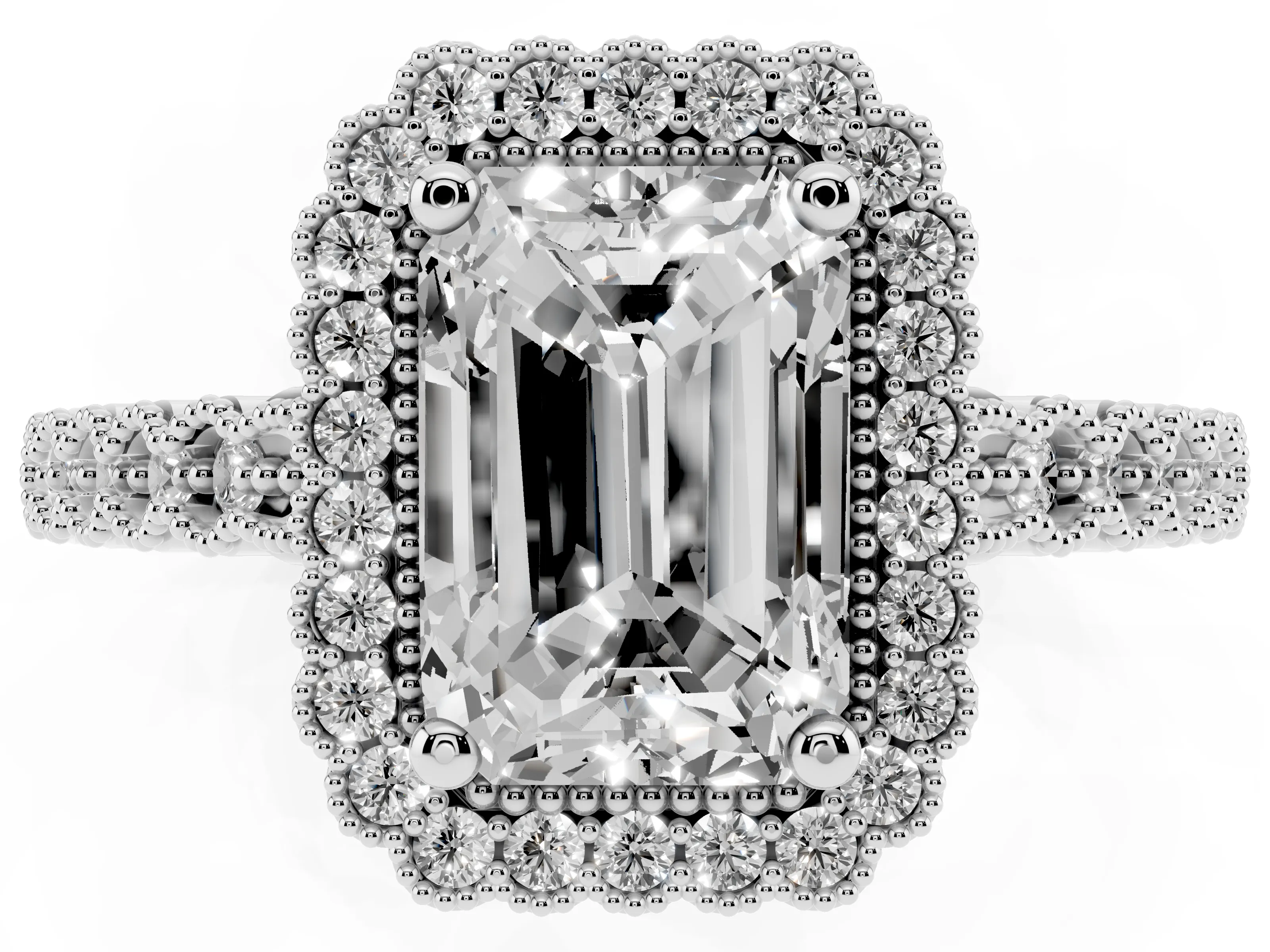 Radiant Cut Diamond Halo Ring Set in Platinum with Pavé Milgrain Band