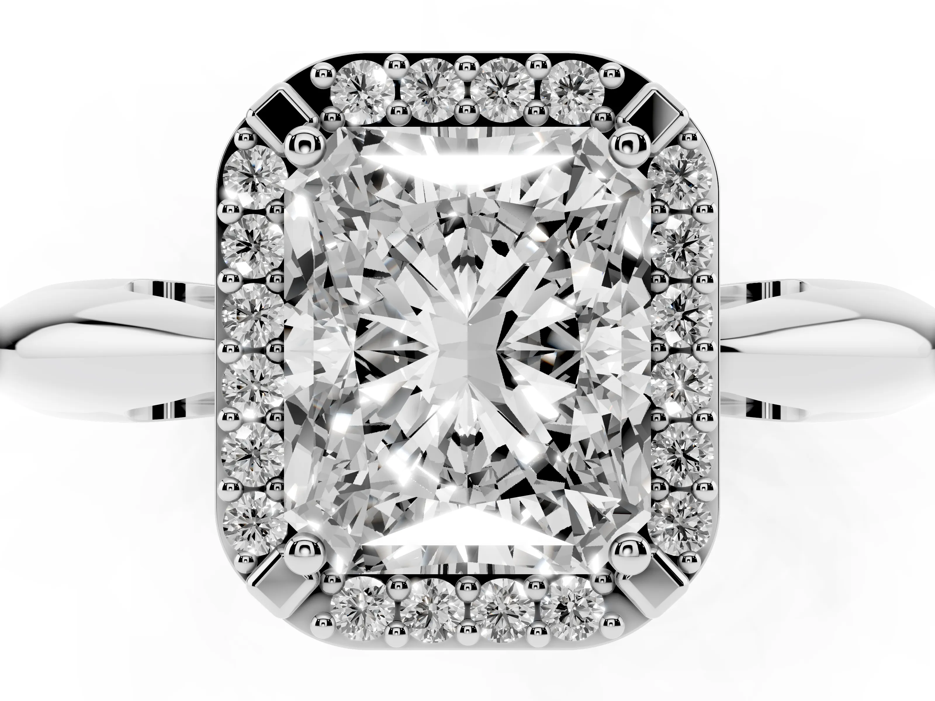 Radiant Cut Diamond Halo Engagement Ring Set in Platinum with Plain Split Shank and Prong Setting