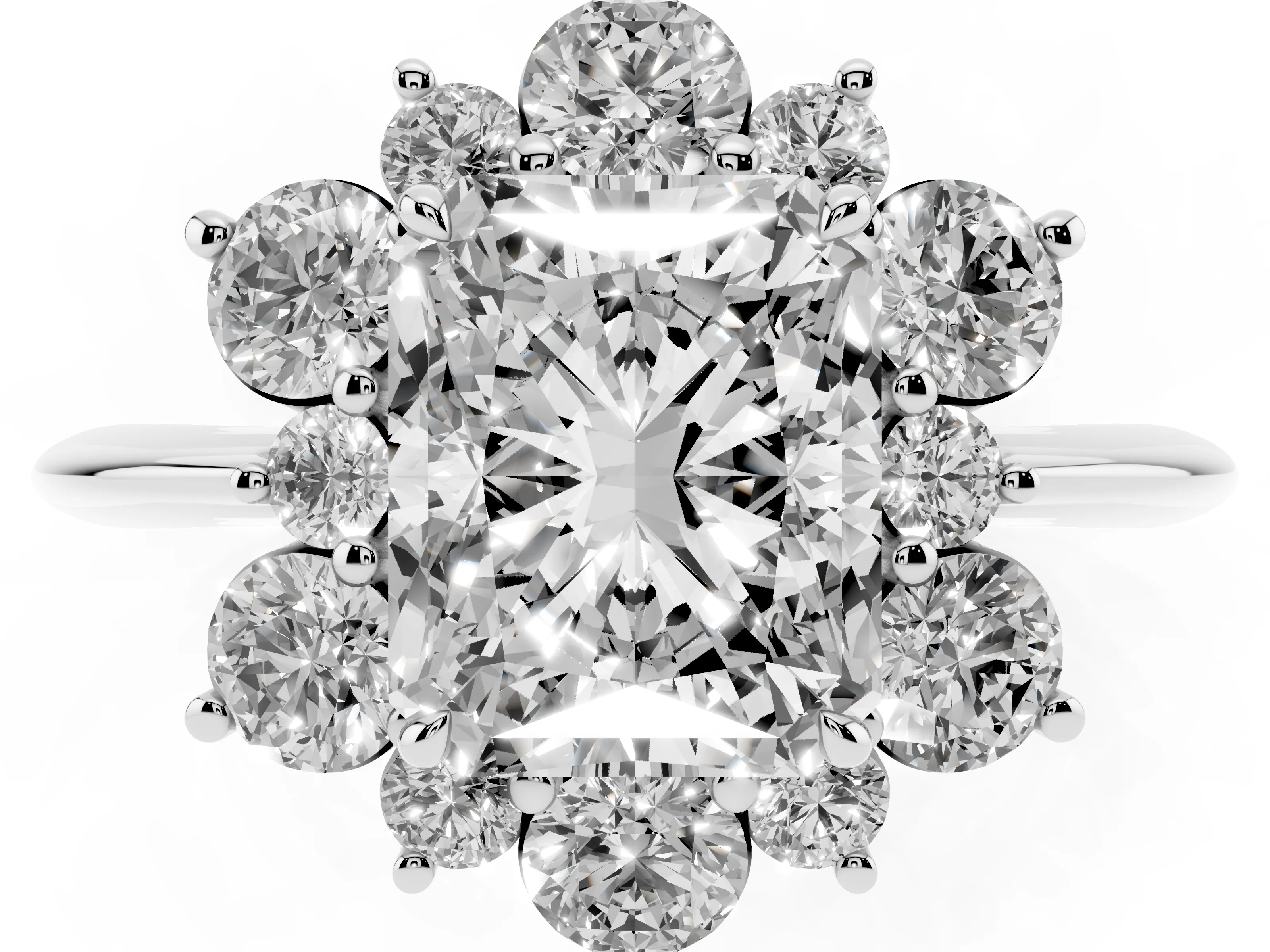 Radiant Cut Diamond Cluster Halo Ring Set in Silver with Solitaire Band and Prong Setting
