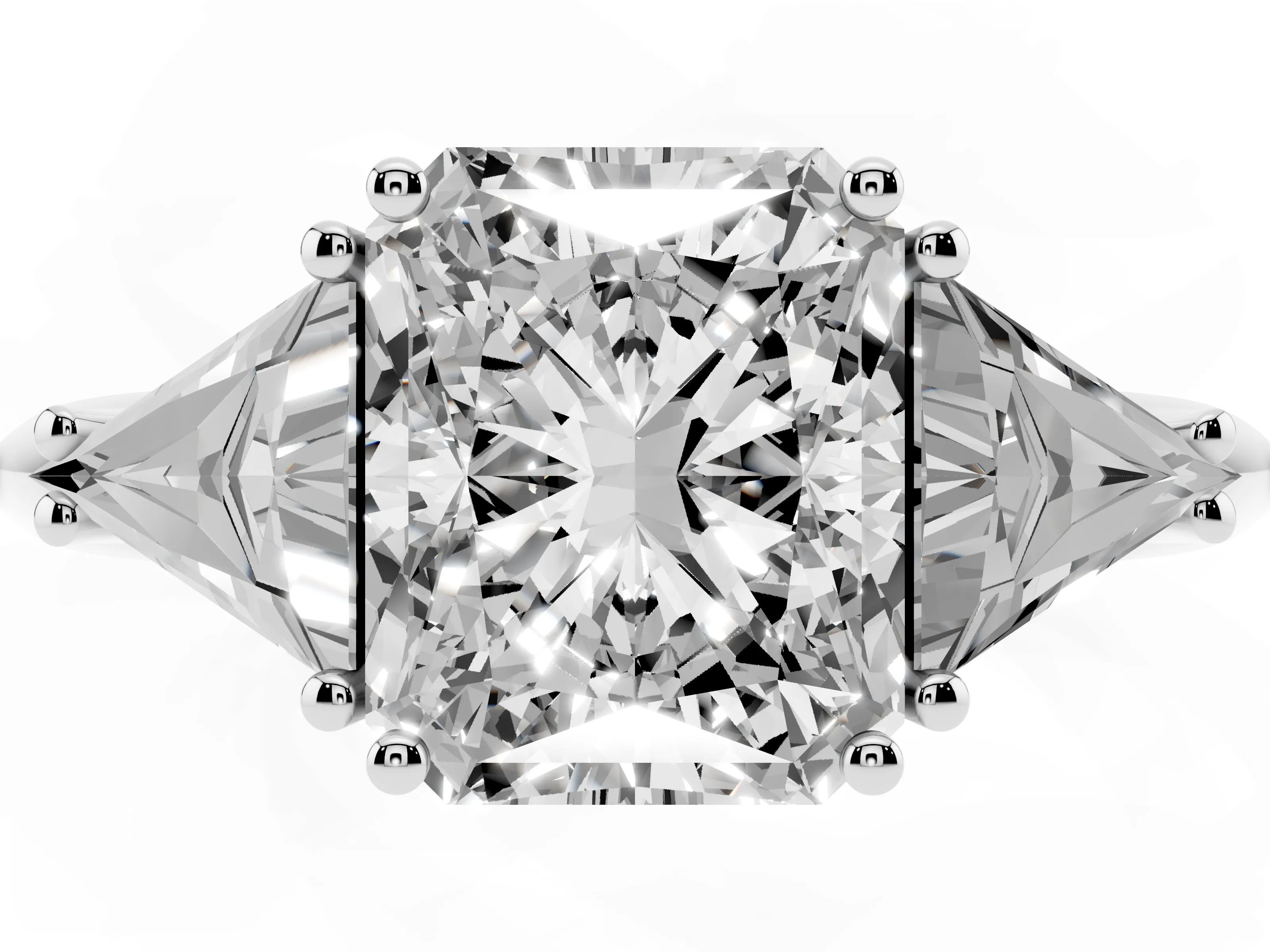 Radiant Cut Diamond Three-Stone Engagement Ring Set in Platinum with Trillion Side Stones