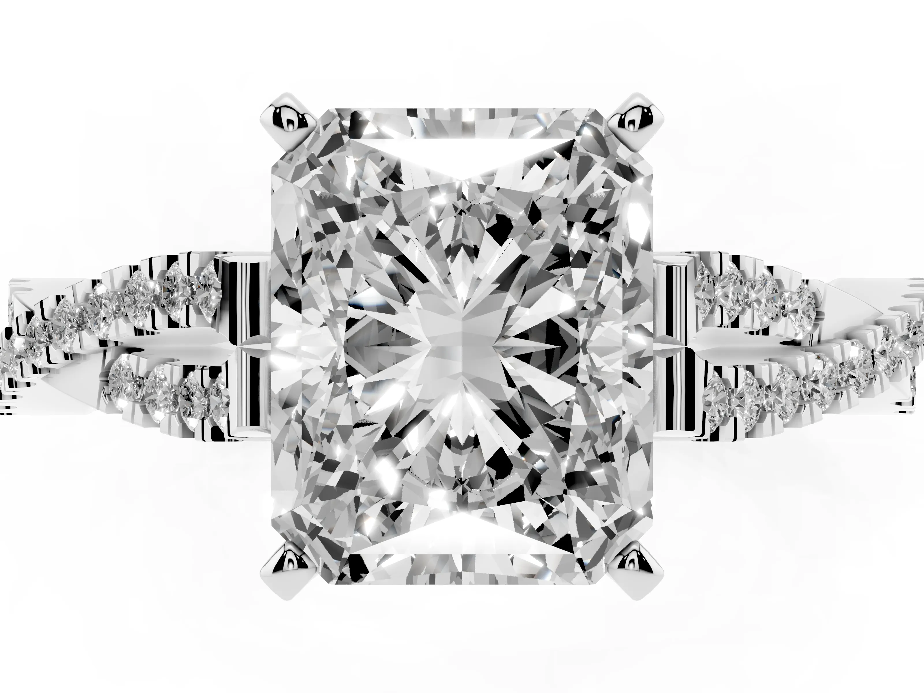 Radiant Cut Diamond Solitaire Engagement Ring Set in Platinum with Twisted Pavé Band and Prong Setting