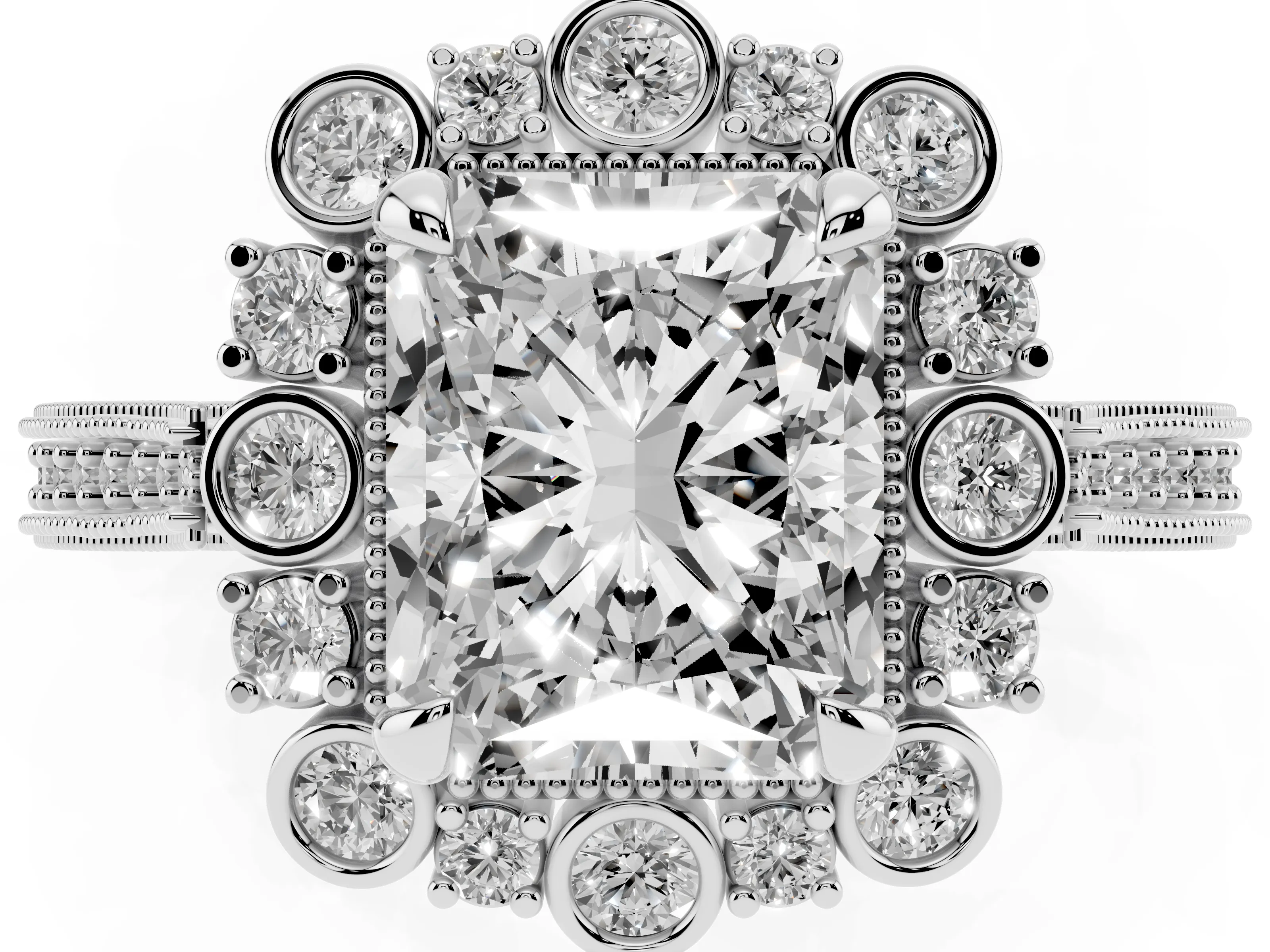Radiant Cut Diamond Halo Milgrain Pavé Ring Set in Platinum with Prong Setting