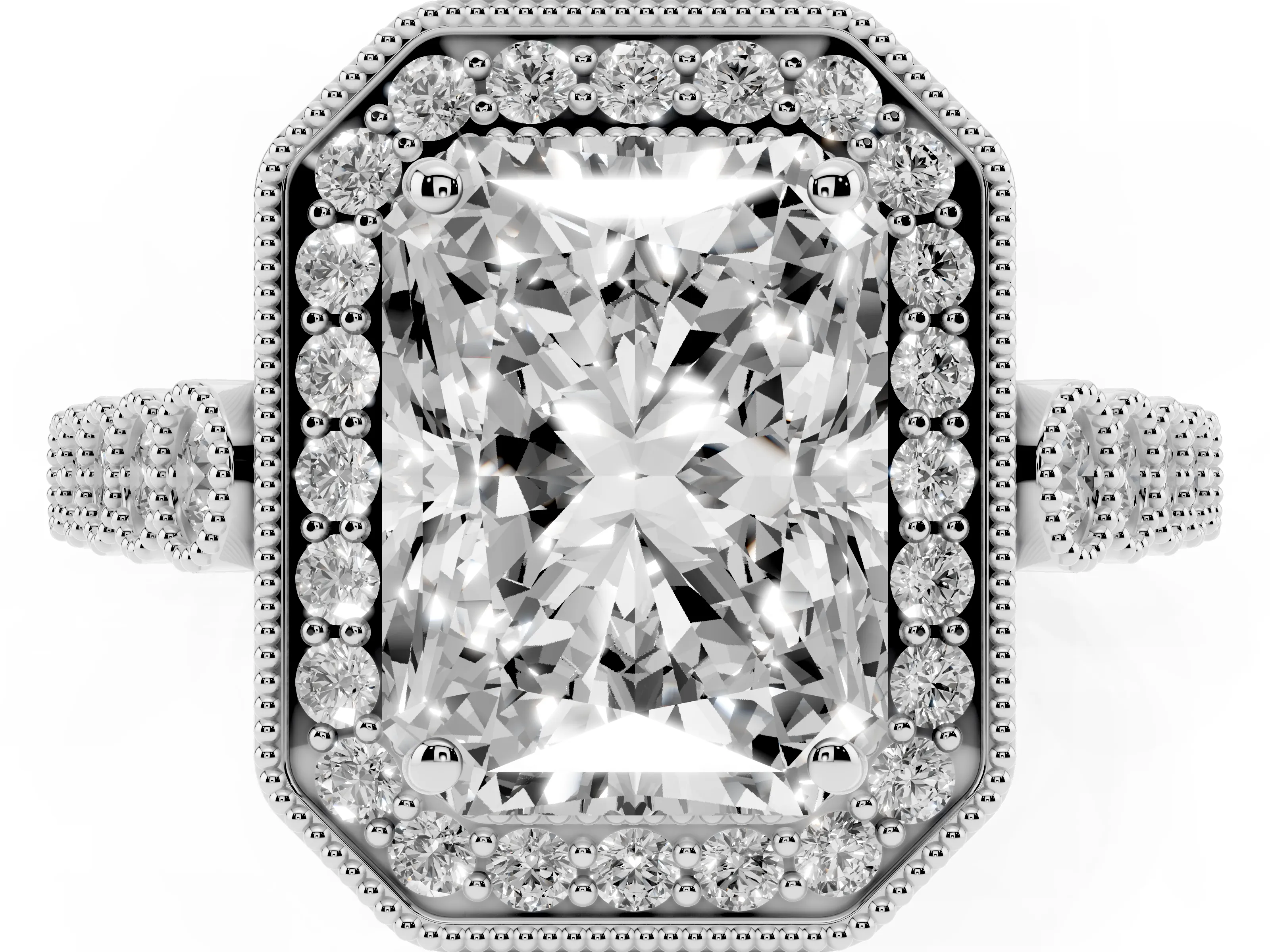 Radiant Cut Diamond Milgrain Halo Solitaire Ring Set in Platinum with Bezel Set Side Stones and Pavé Band