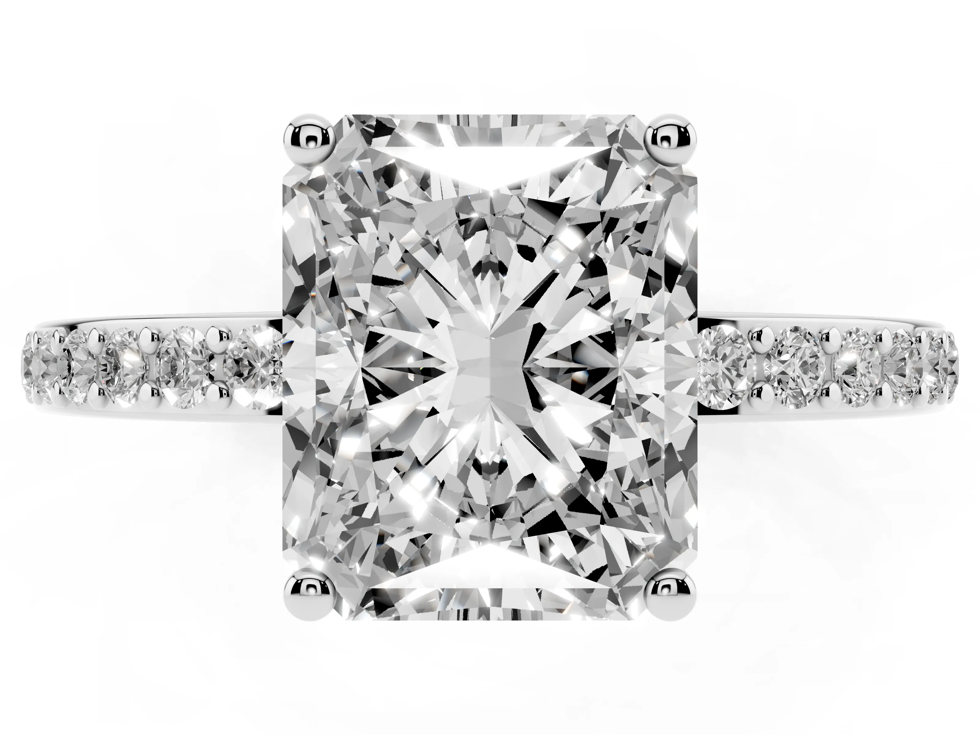 Radiant Cut Diamond Pavé Band Ring Set in Platinum with Prong-Set Center Stone