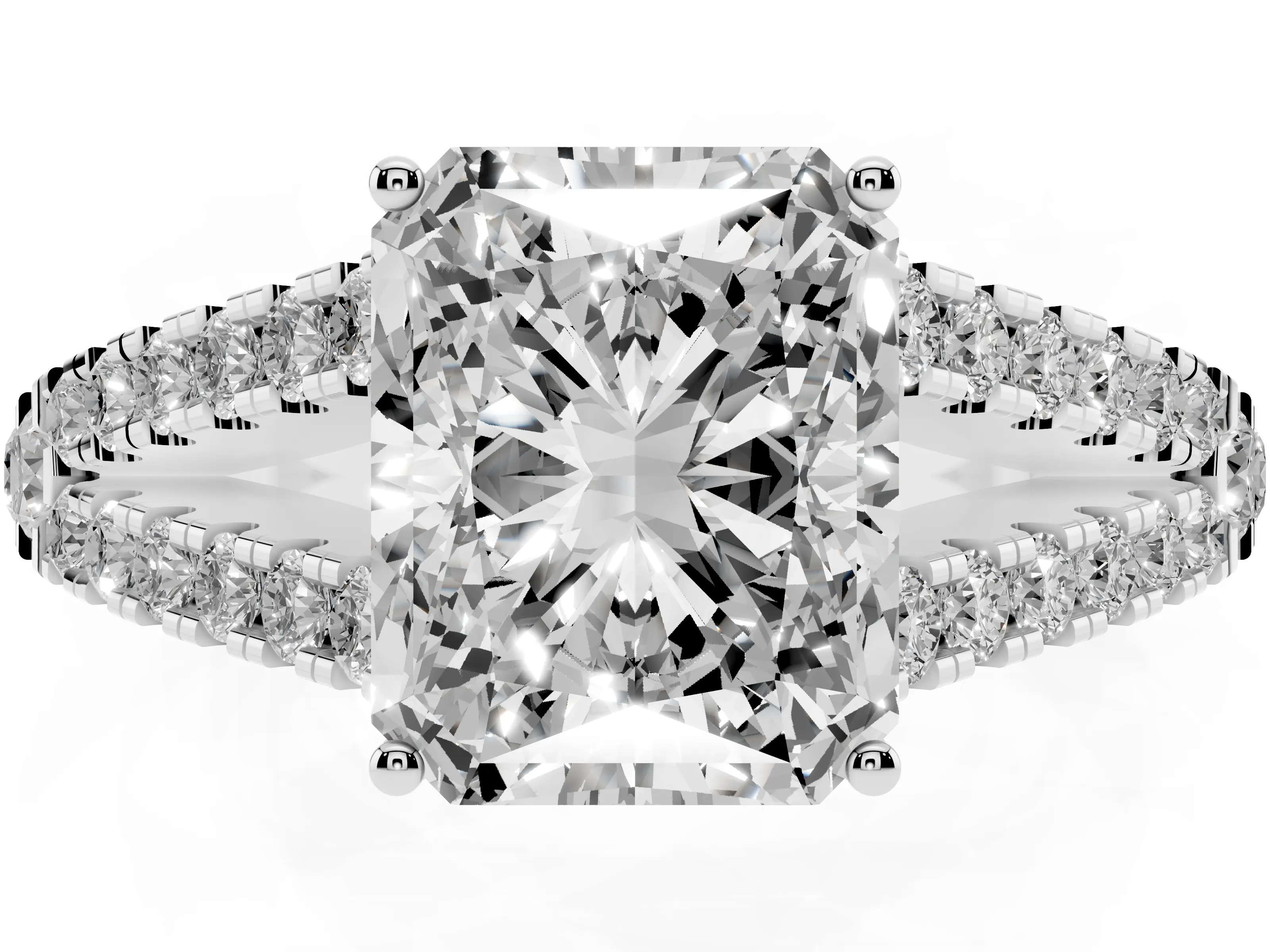 Radiant Cut Diamond Split Shank Pavé Engagement Ring Set in Platinum with Prong-Held Center Stone