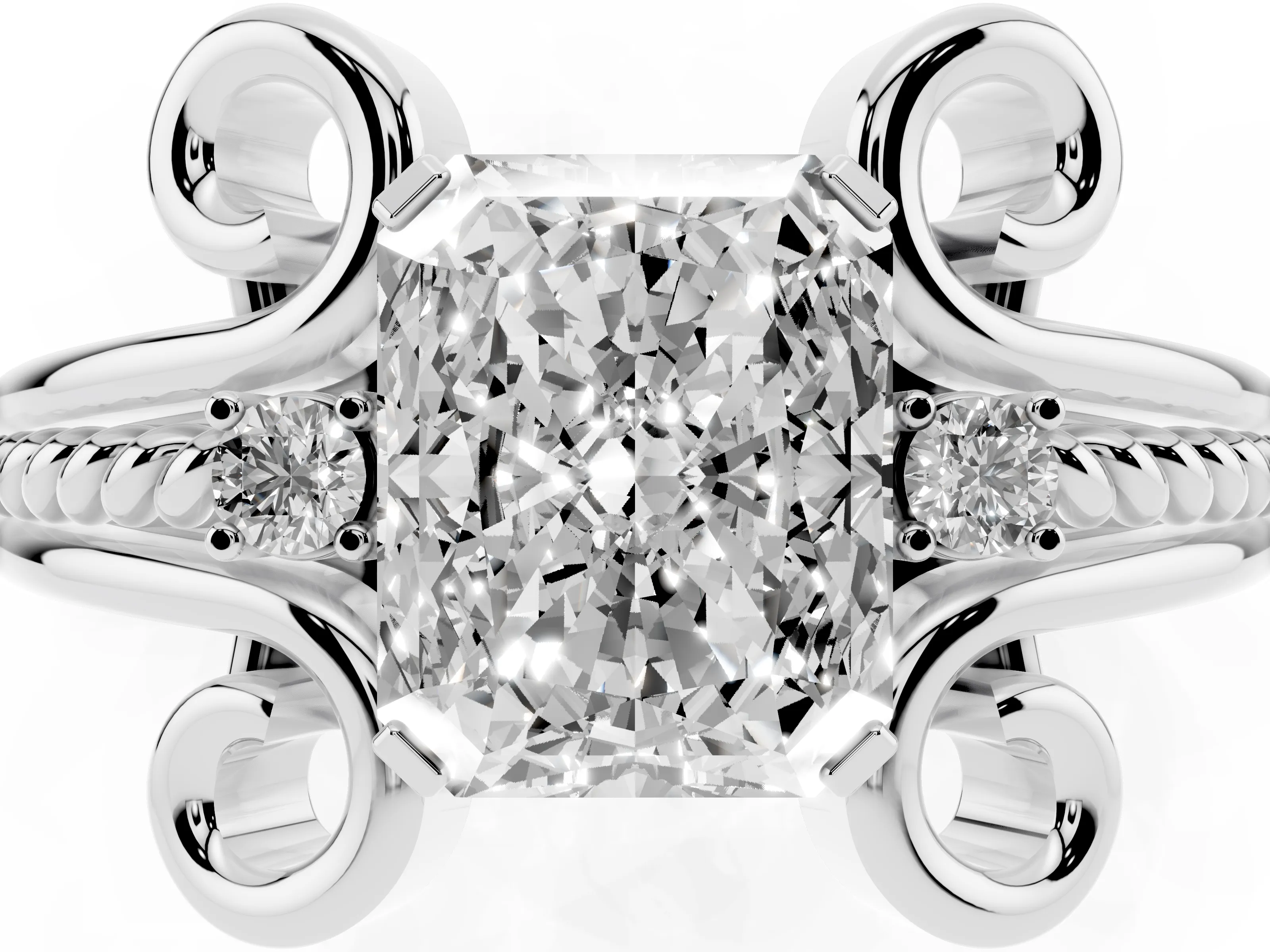 Radiant Cut Diamond Twisted Band Solitaire Ring Set in Platinum with Scroll Prongs