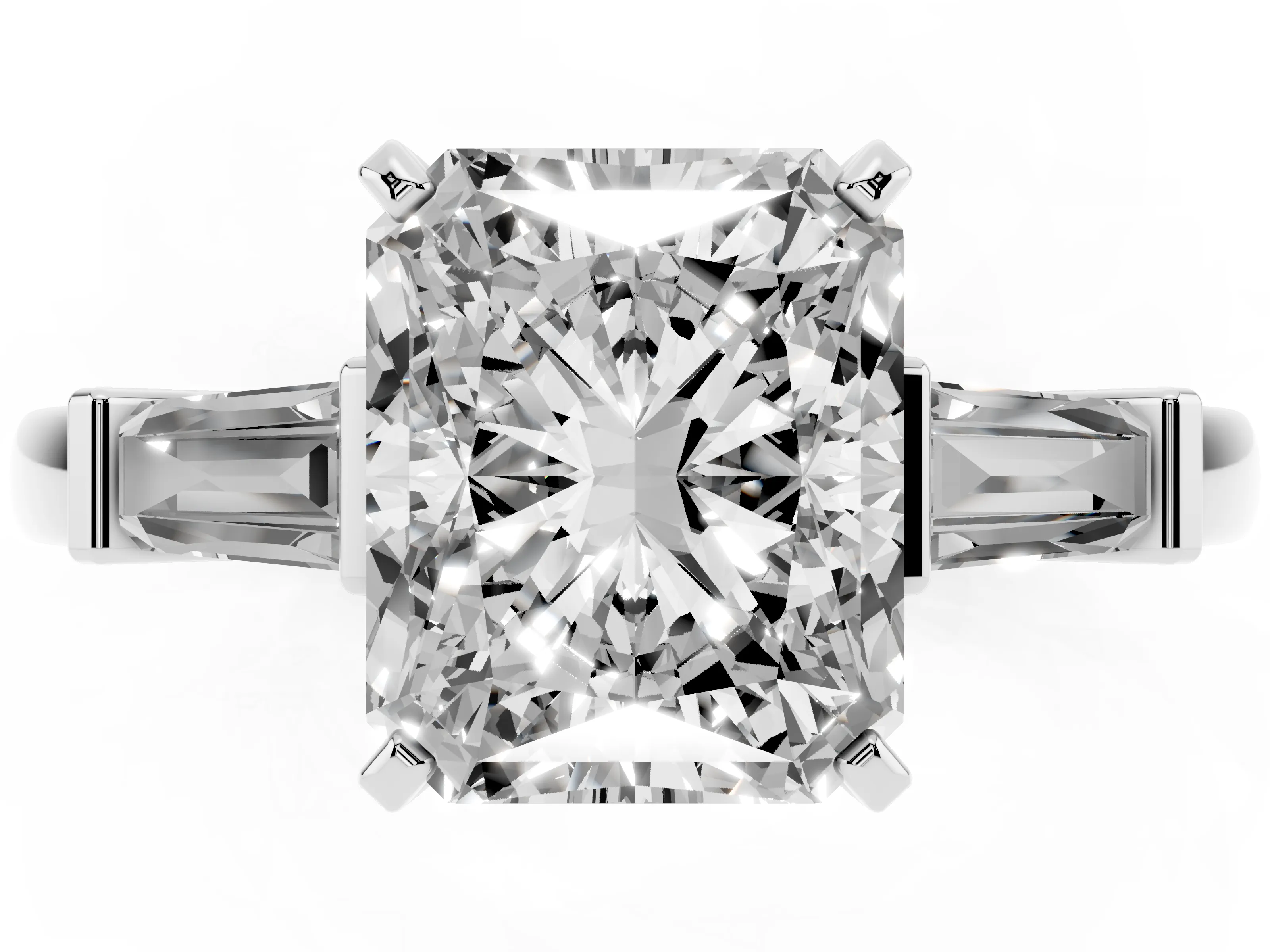 Radiant Cut Diamond Solitaire Ring Set in Platinum with Tapered Baguette Accents and Prong Setting