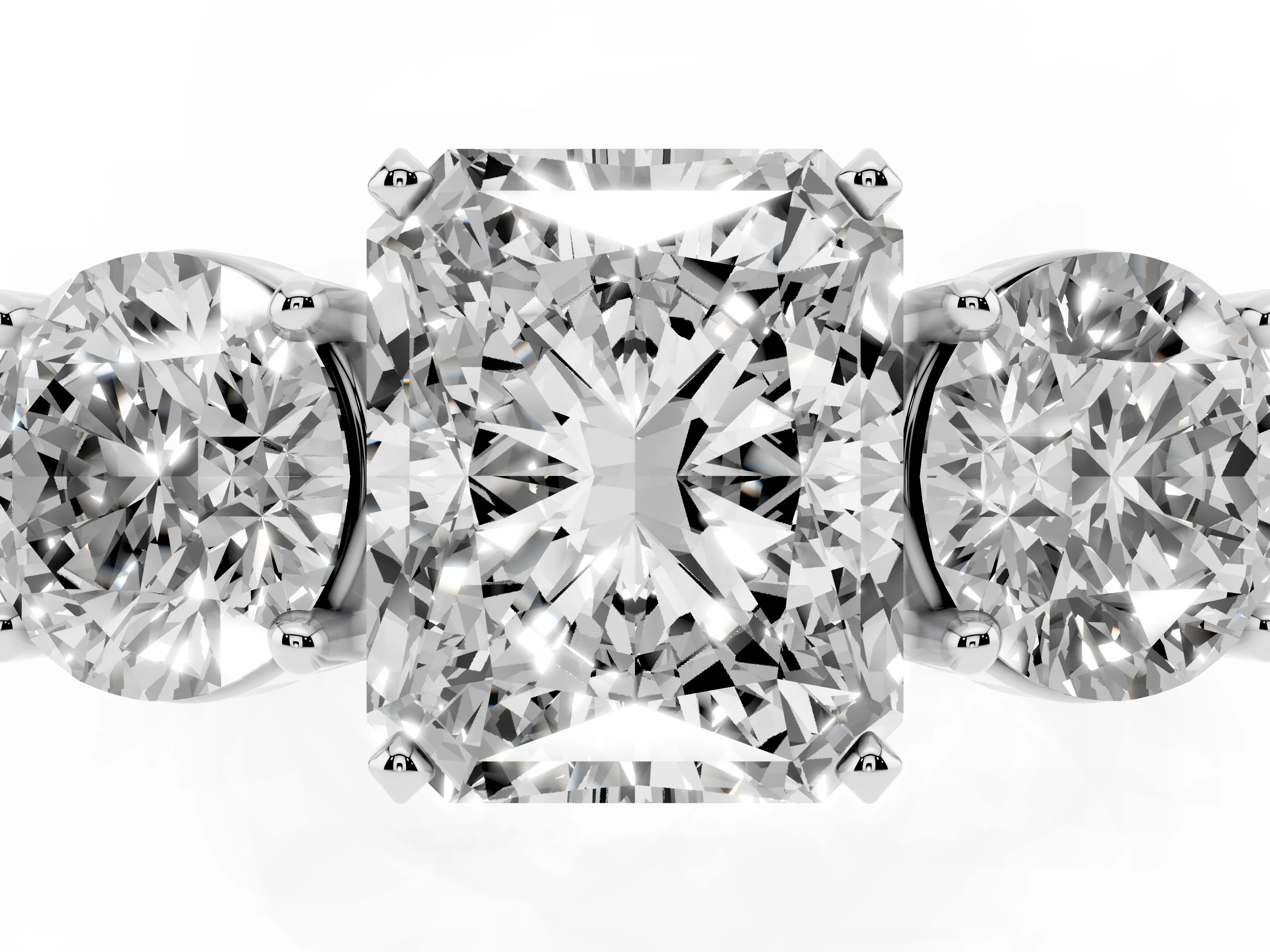 Radiant Cut Diamond Three-Stone Ring Set in Platinum with Round Side Stones and Classic Band