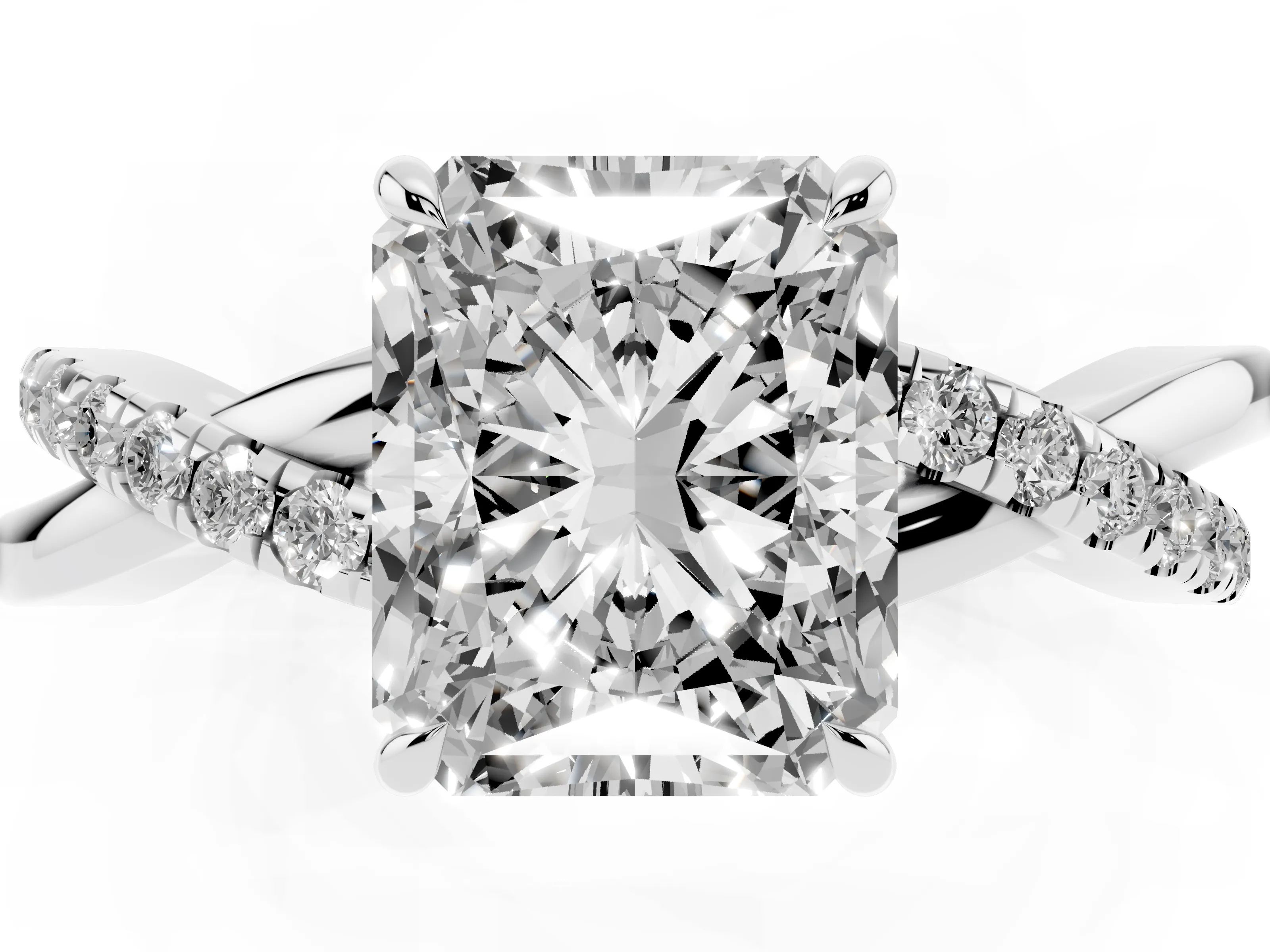Radiant Cut Diamond Twisted Pavé Band Ring Set in Silver with Prong Setting